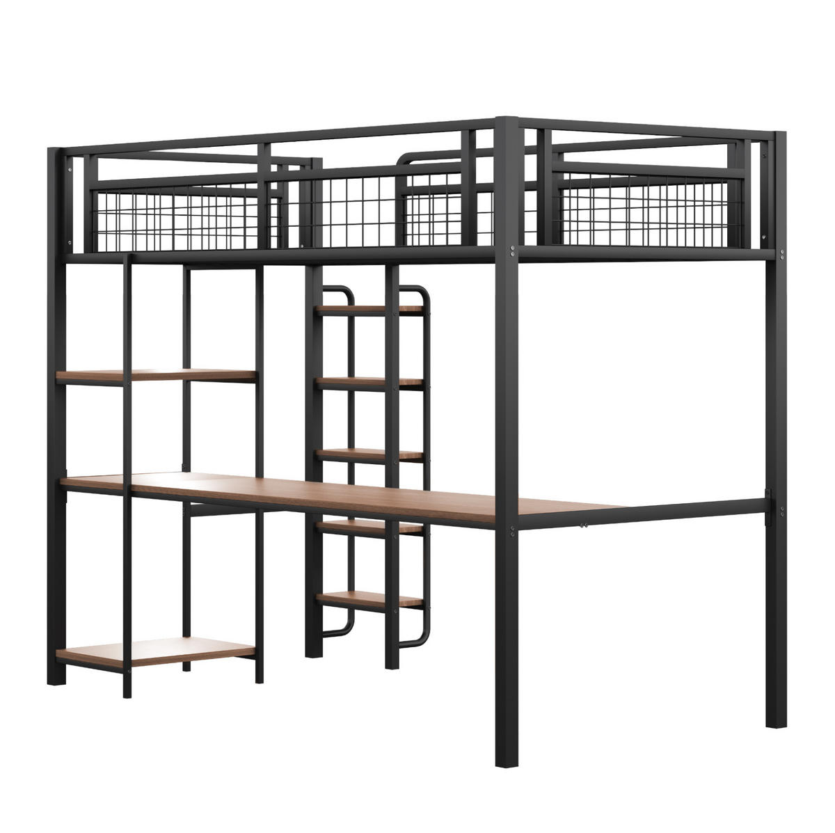 HOCHBETT 90/200 cm in Schwarz mit Schreibtisch, Regalen und Sicherheitsleiter - Schwarz, Metall (90/200cm) - Flora Grace