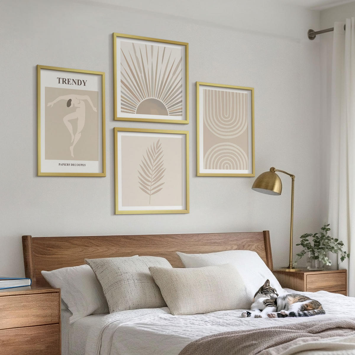 BILDER SET 4er Set - 50x50 cm & 40x60 cm Goldrahmen - Abstrakte Poster im Boho-Stil in Pastellfarben - Goldfarben, Kunststoff (50/50cm) - TULUP