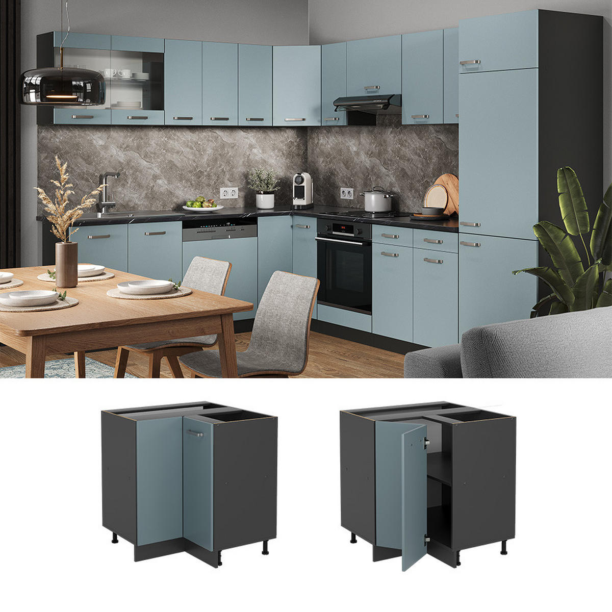 ECKUNTERSCHRANK R-Line Blau-Grau 75.6 cm ohne AP - Anthrazit/Blaugrau, Holzwerkstoff (75.6/81.6/46cm) - Vicco