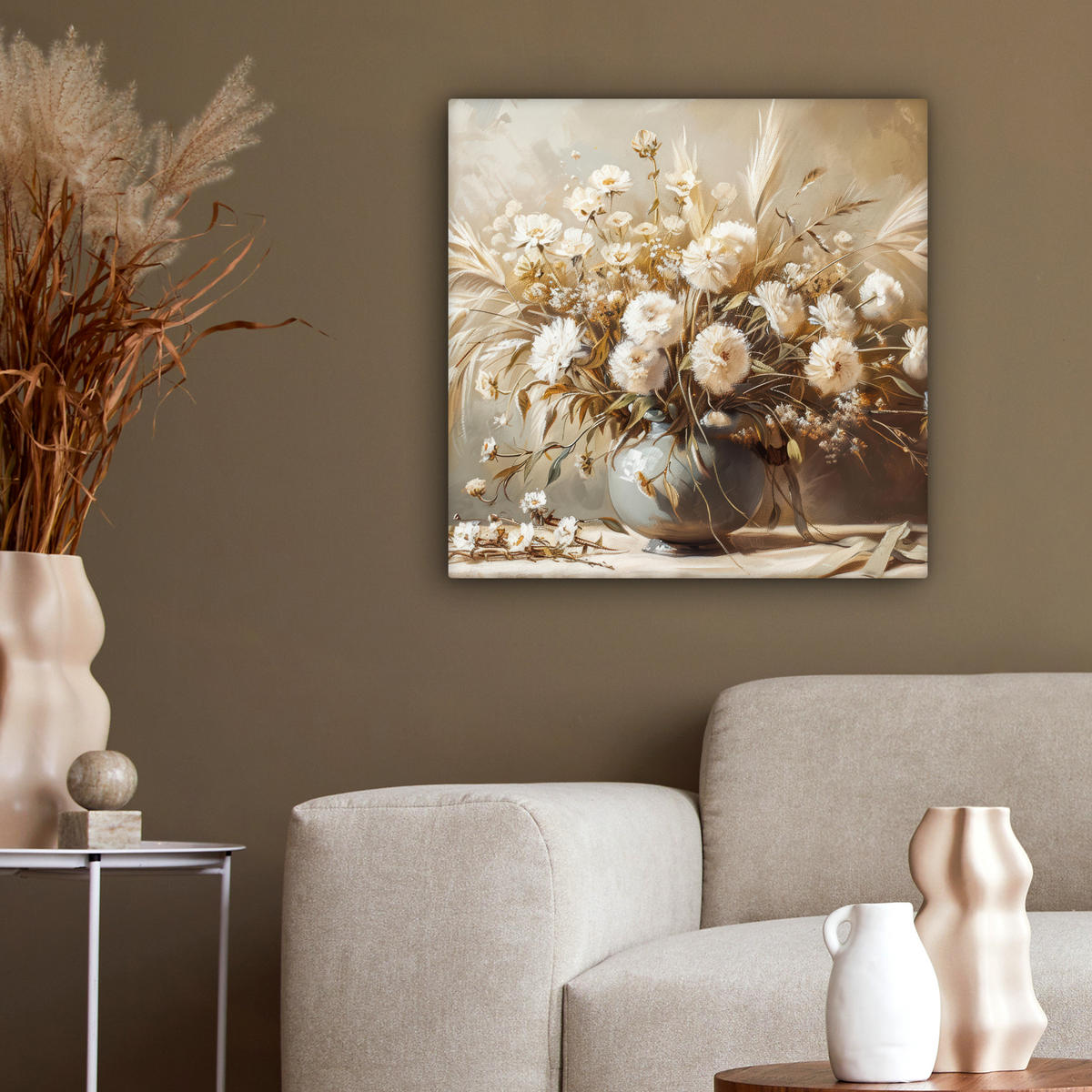 LEINWANDBILD Blumen - Vase - Stilleben - Beige 50x50 cm - Creme, Textil (50/50cm) - MuchoWow