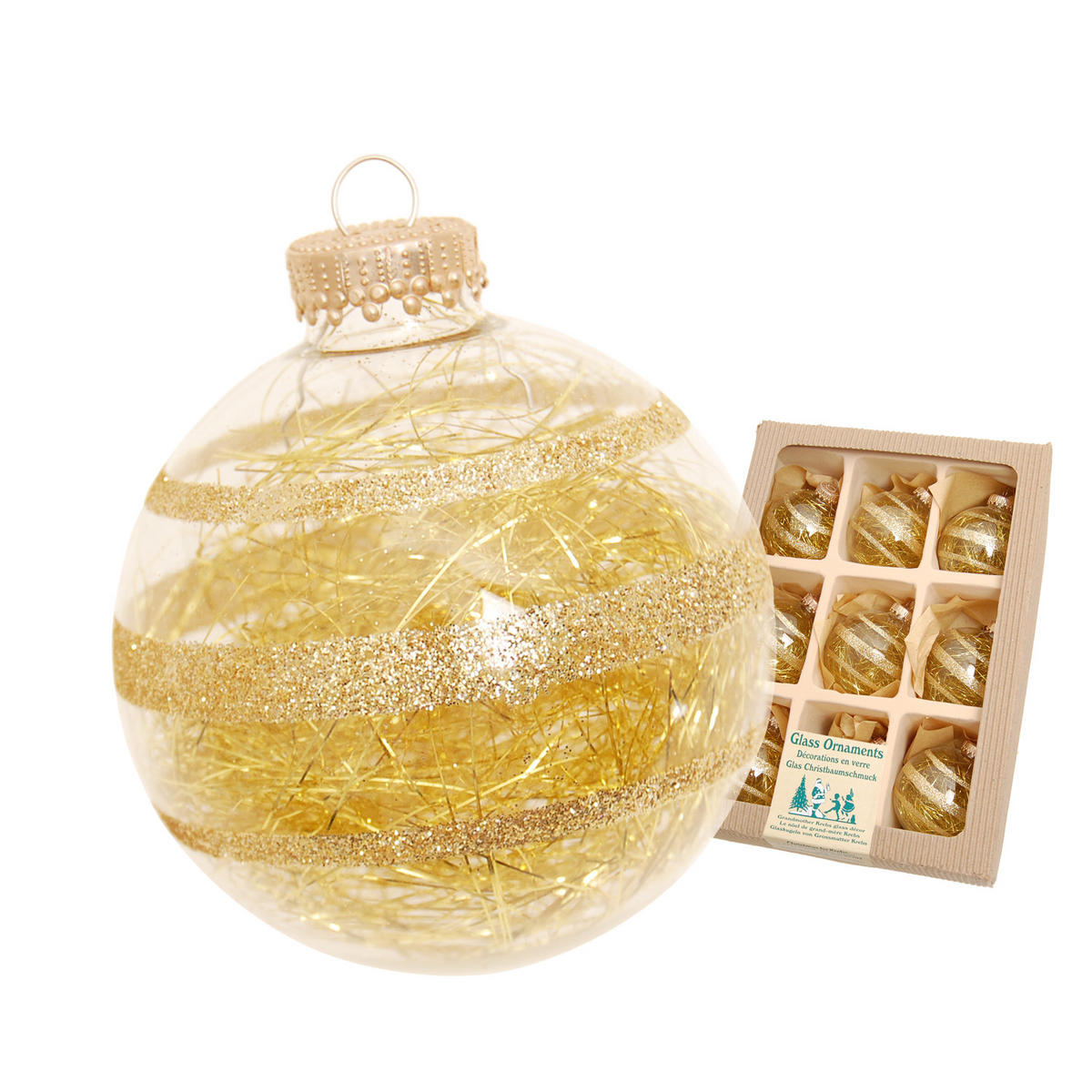 CHRISTBAUMKUGELN Glitterstreifen mit Tinsel Goldfarbig 7cm (Glas / 9 Stk.) - Goldfarben, Glas (7/7/7cm) - Krebs Glas Lauscha