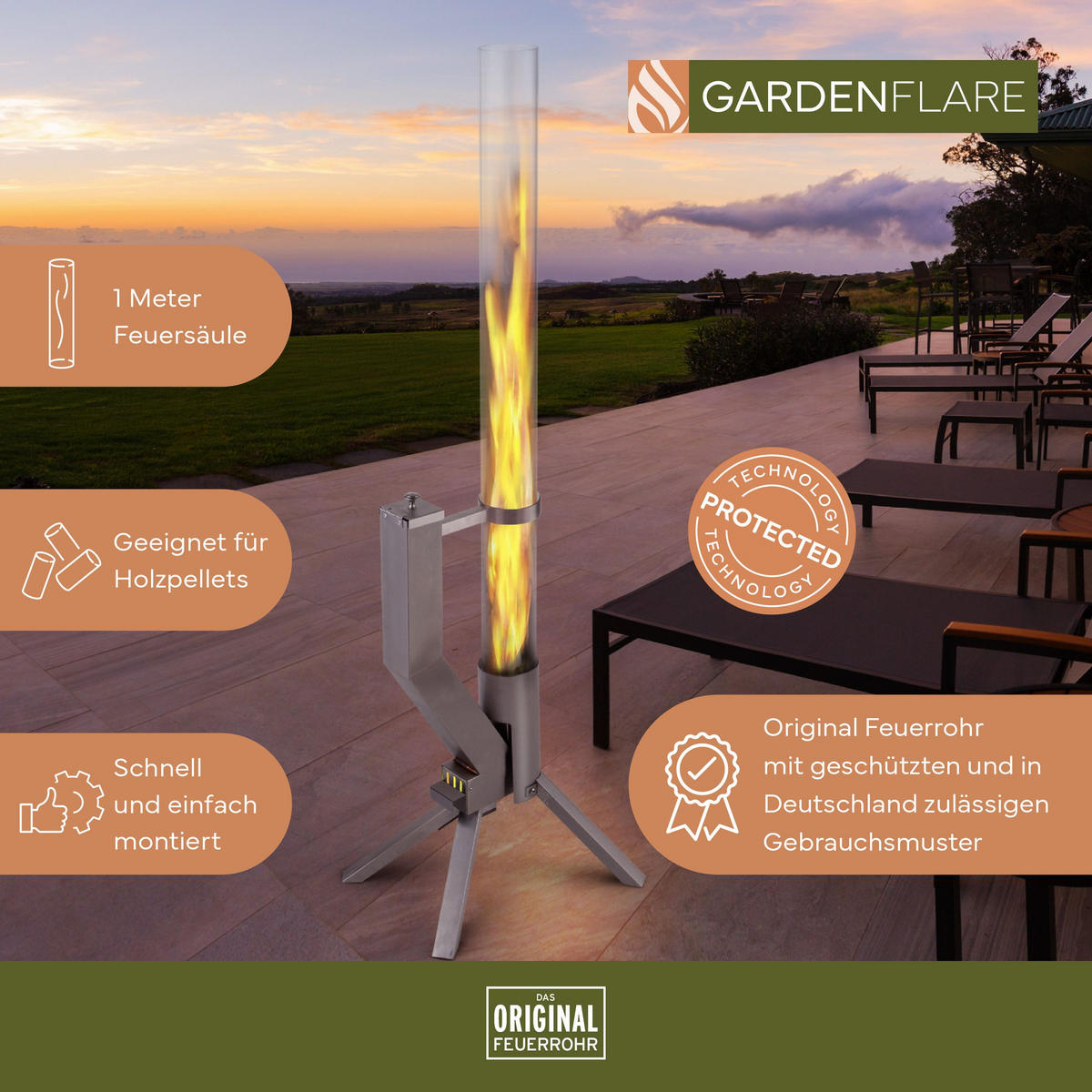 FEUERROHR – elegante Edelstahl Feuersäule und Pelletfackel - silber - Silberfarben, Metall (36/130.6/35cm) - Gardenflare