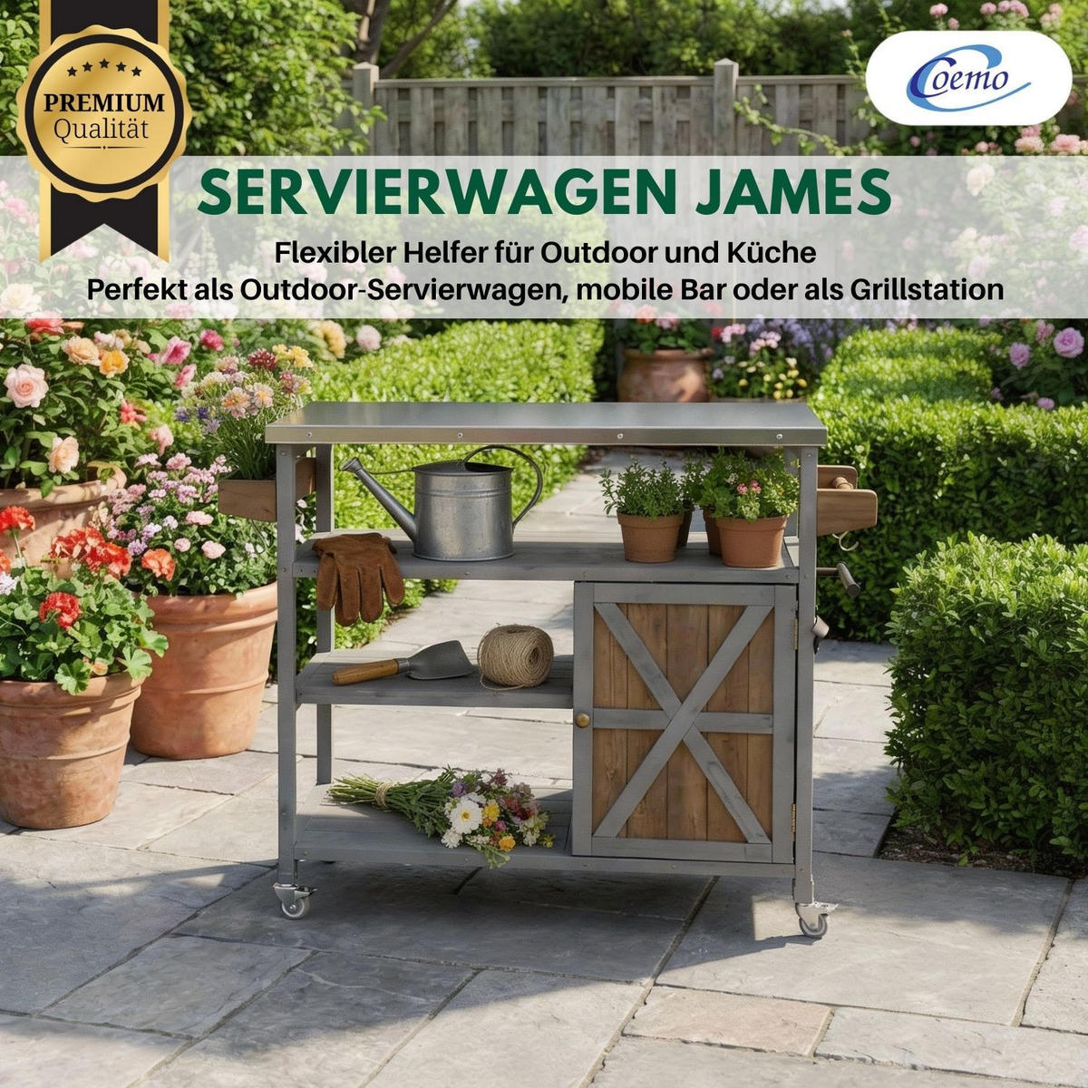 SERVIERWAGEN JAMES mit Rollen Outdoor 118/47/92 cm Farbe Grau - Grau, Holz (47/92/118cm) - Coemo
