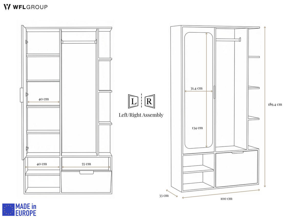 GARDEROBE Mela mit Spiegel, Sitzbank & Kleiderstange – 100/189/33 cm – Grau - Schwarz/Grau, Holzwerkstoff/Metall (100/189.4/33cm) - WFL GROUP