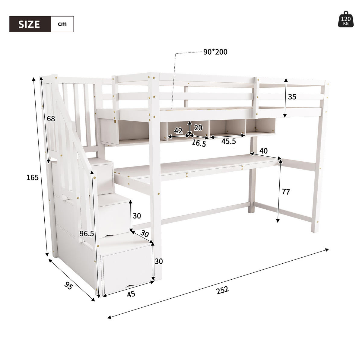 KINDERHOCHBETT 90x200cm Weiß Stauraumtreppe Schreibtisch Regale - Weiß, Holzwerkstoff (90/200cm) - FLIEKS