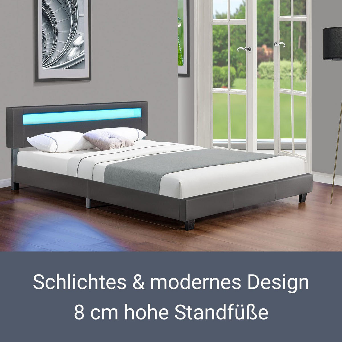 POLSTERBETT Paris dunkelgrau 160x200cm mit Matratze und LED (16 Farben) - Grau, Textil (160/200cm) - Juskys