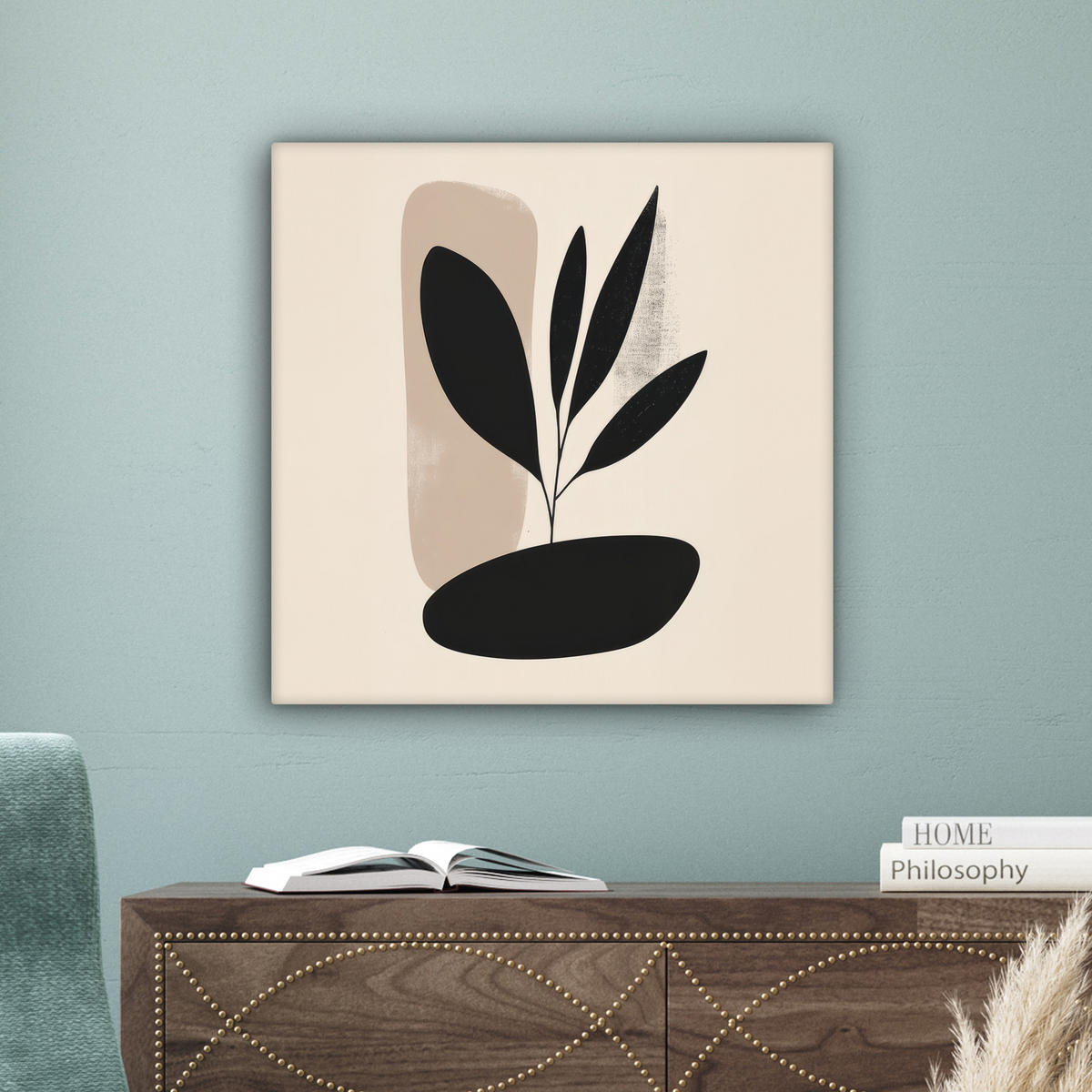 LEINWANDBILD Pflanze - Beige - Japanisch Wandbild Wohnzimmer 50x50 cm - Schwarz, Textil (50/50cm) - MuchoWow