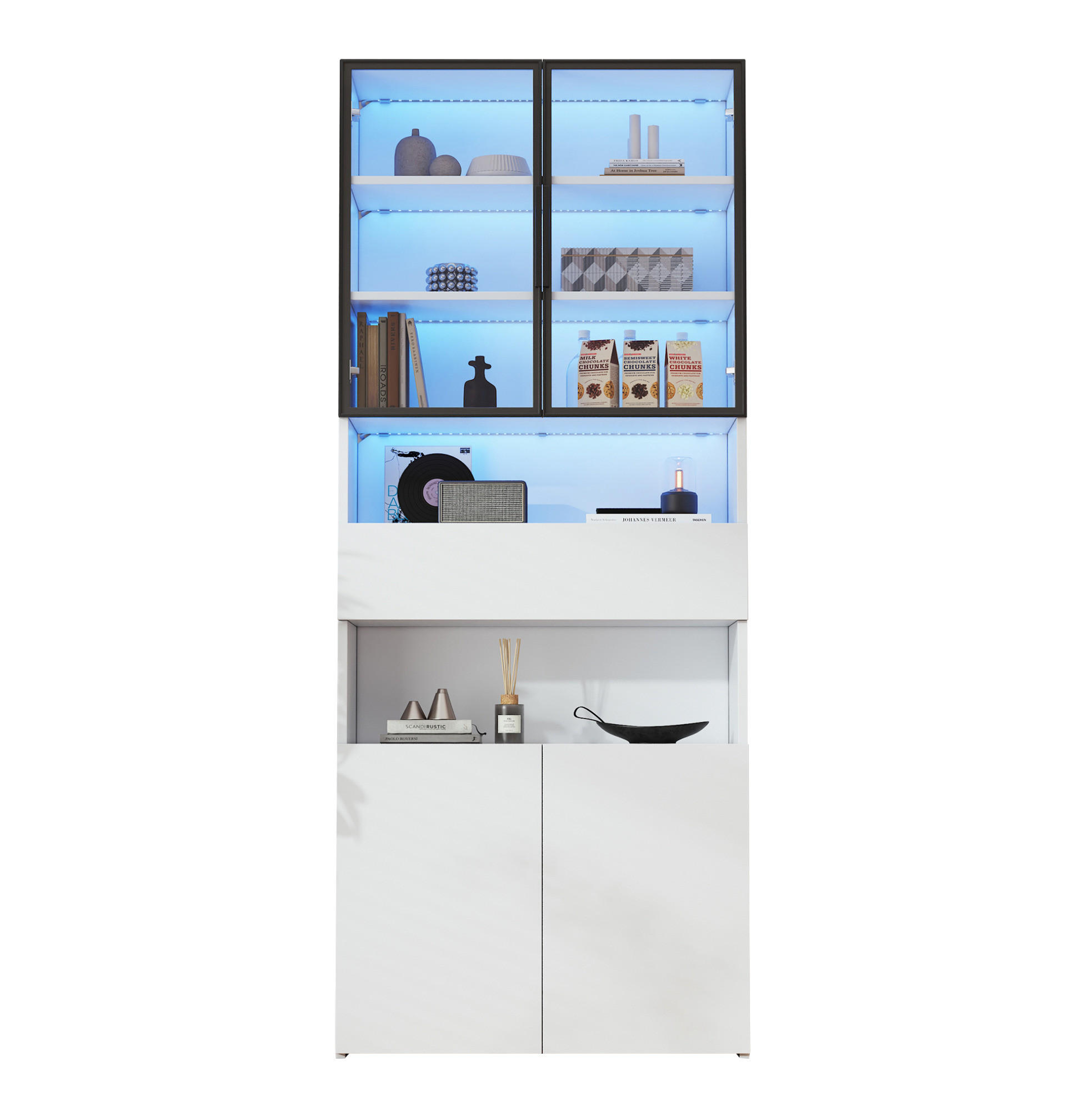 VITRINE 70/30/200 cm in Weiß mit LED-Beleuchtung, Glastüren und Schublade - Weiß, Holzwerkstoff (70/200/30cm) - Flora Grace