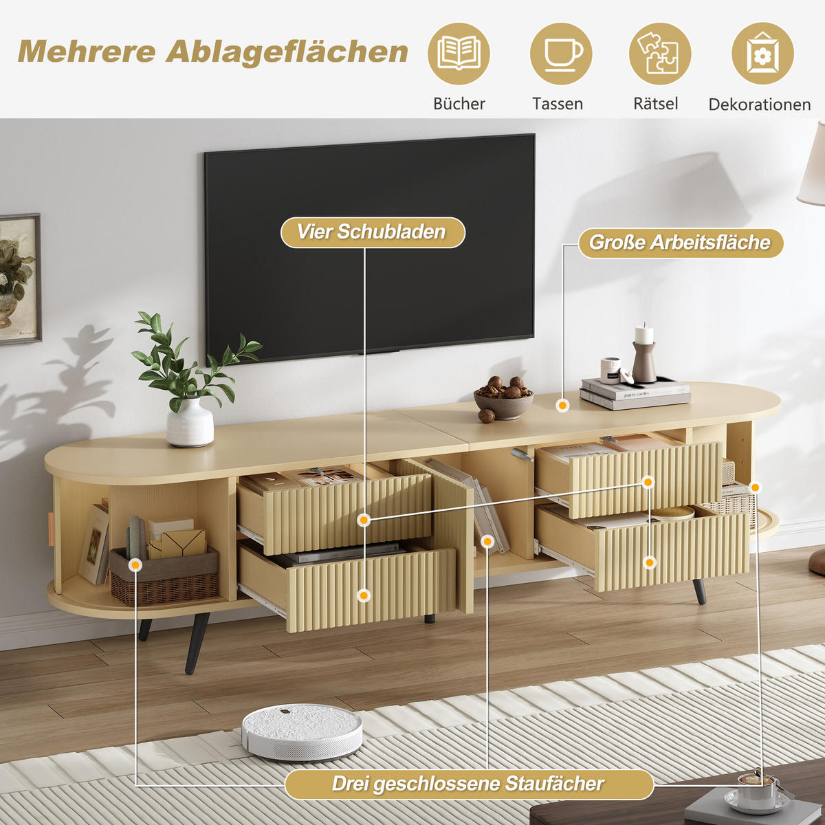 TV-LOWBOARD 180x40x45cm Holzfarbe mit 4 Schubladen und Tür - Naturfarben, Holzwerkstoff (180/45/40cm) - FLIEKS
