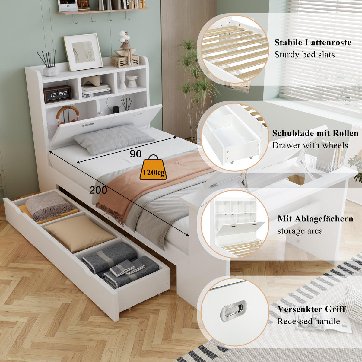 JUGENDBETT 90/200 cm in Weiß mit Stauraum, Kopfteilregal und Klapptisch aus Holz - Weiß, Holzwerkstoff - STILVORA