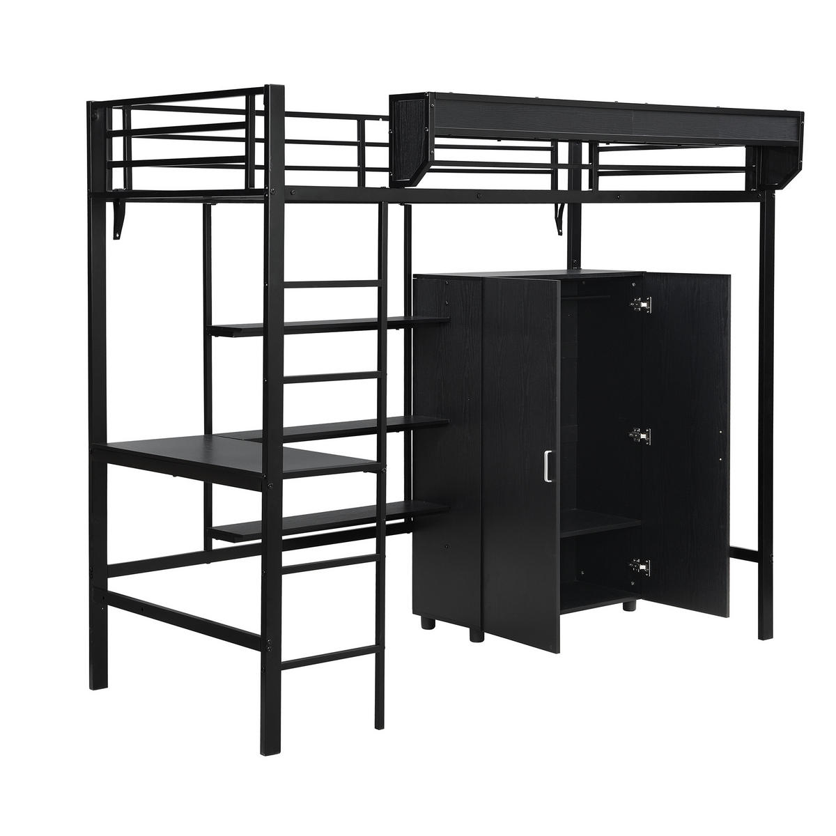 ETAGENBETT 90/200 cm in Schwarz mit Tisch, Kleiderschrank und Regal - Schwarz, Holzwerkstoff/Metall (90/200cm) - CHICFURN