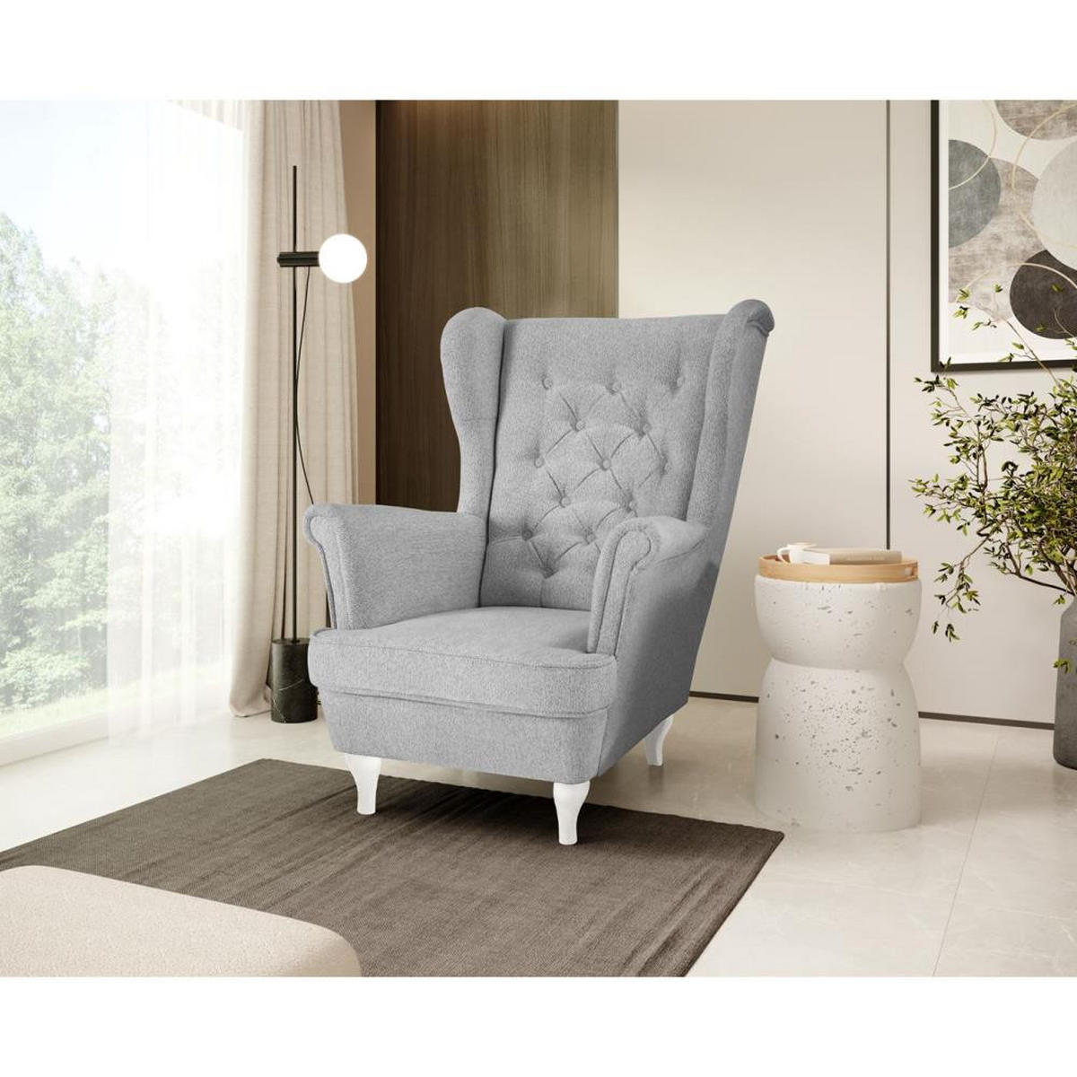 CHESTERFIELD-SESSEL Falco hellgrau mit Weiß Holzbeinen - Hellgrau/Weiß, Holz/Textil (82/102/92cm) - Beautysofa