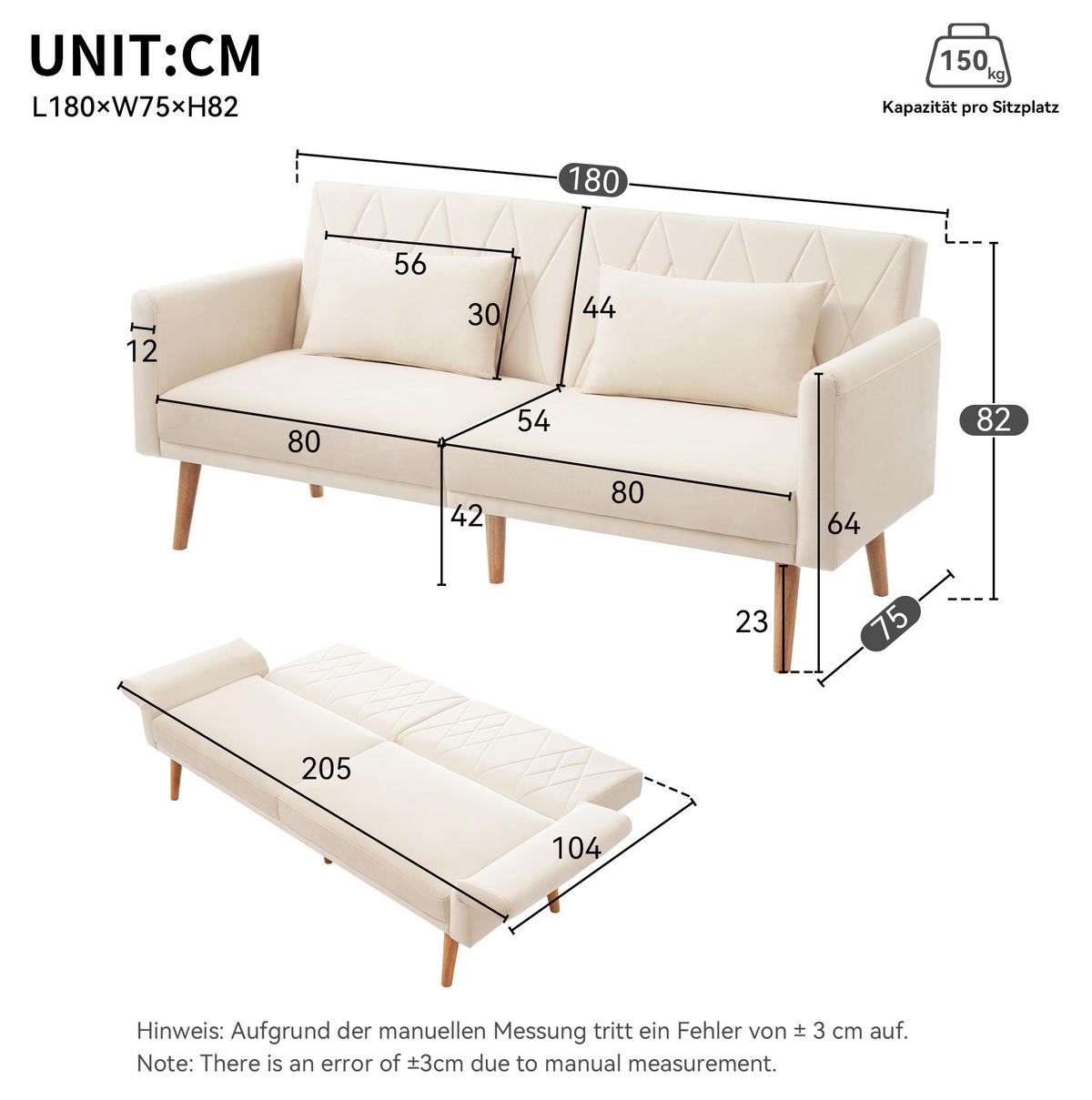 SCHLAFSOFA 180/75/82 cm in Beige – mit verstellbaren Rückenlehnen - Beige, Textil (82/75/180cm) - BEAOK