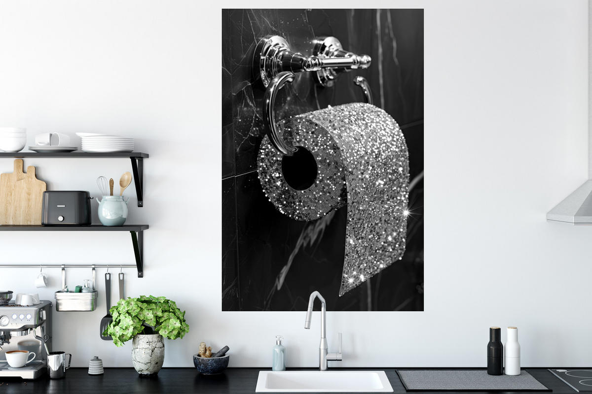 WANDTATTOO WC - Toilettenpapier - Schwarz und weiß - Glitter 80x120 cm - Silberfarben, Kunststoff (80/120/0.1cm) - MuchoWow