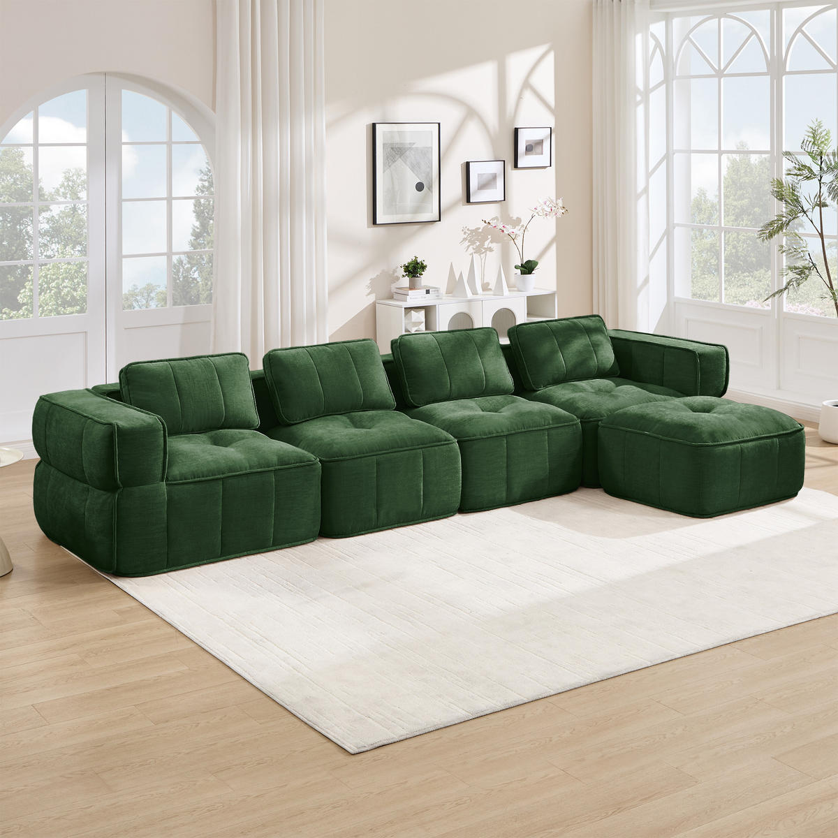 ECKSOFA DE-34428 4-Sitzer L-Form mit Hocker Grün - Grün, Textil (162/344cm) - ComfortXL