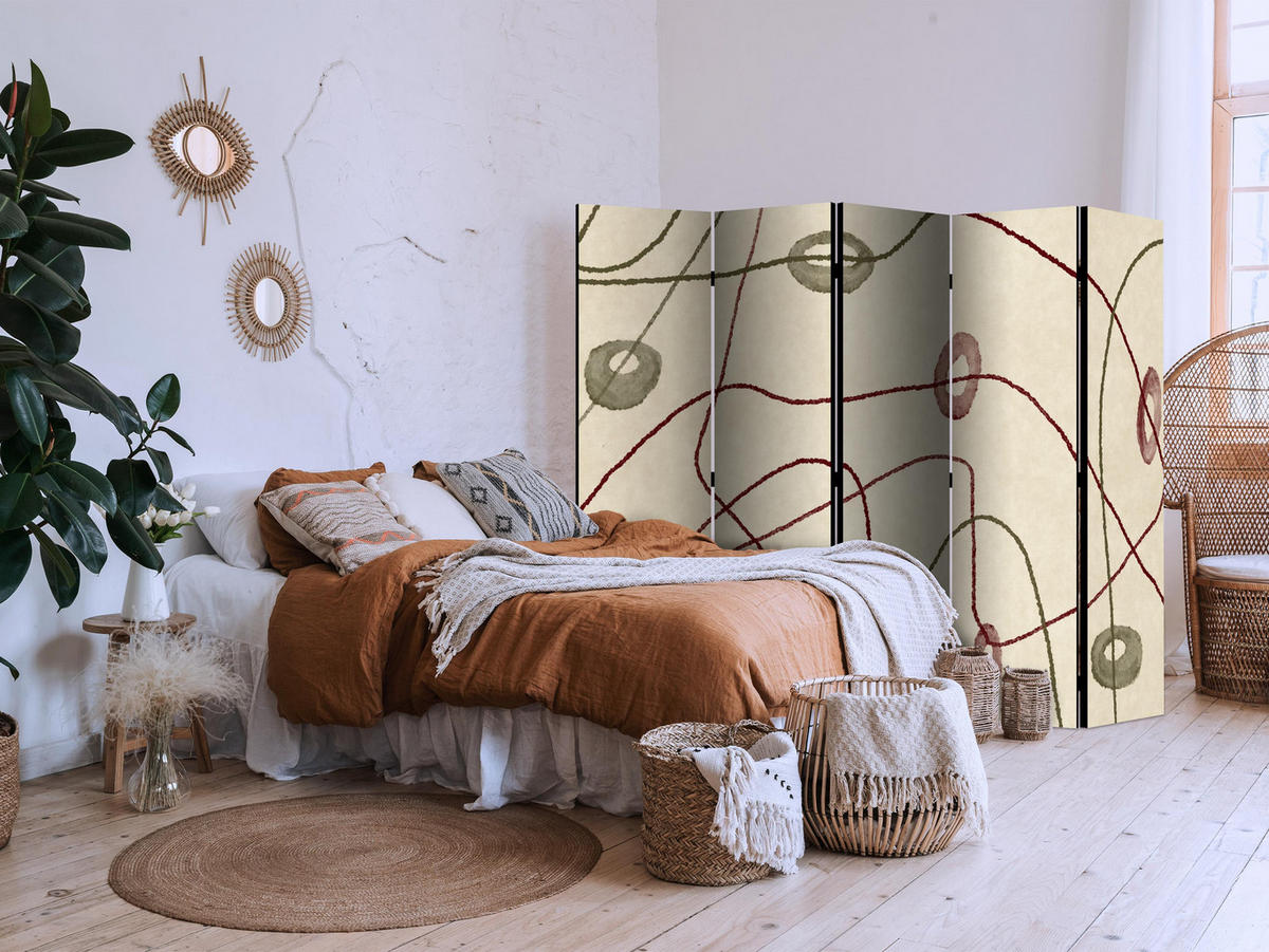 PARAVENT Akustik 5-tlg 225x172 cm Linien mit Kreisen Abstraktion - Braun, Holz/Textil (225/172/3cm) - Muralo