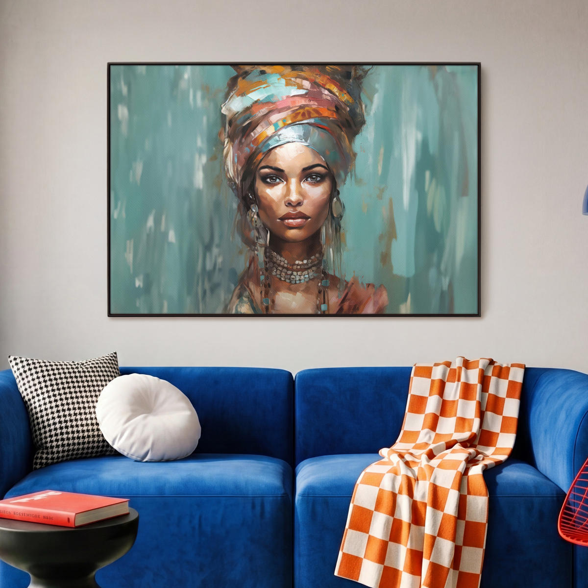 LEINWAND Bilder mit Rahmen - Frau - Kunst - Schmuck - Porträt - 90x60 - Blaugrau, Textil (90/60cm) - MuchoWow