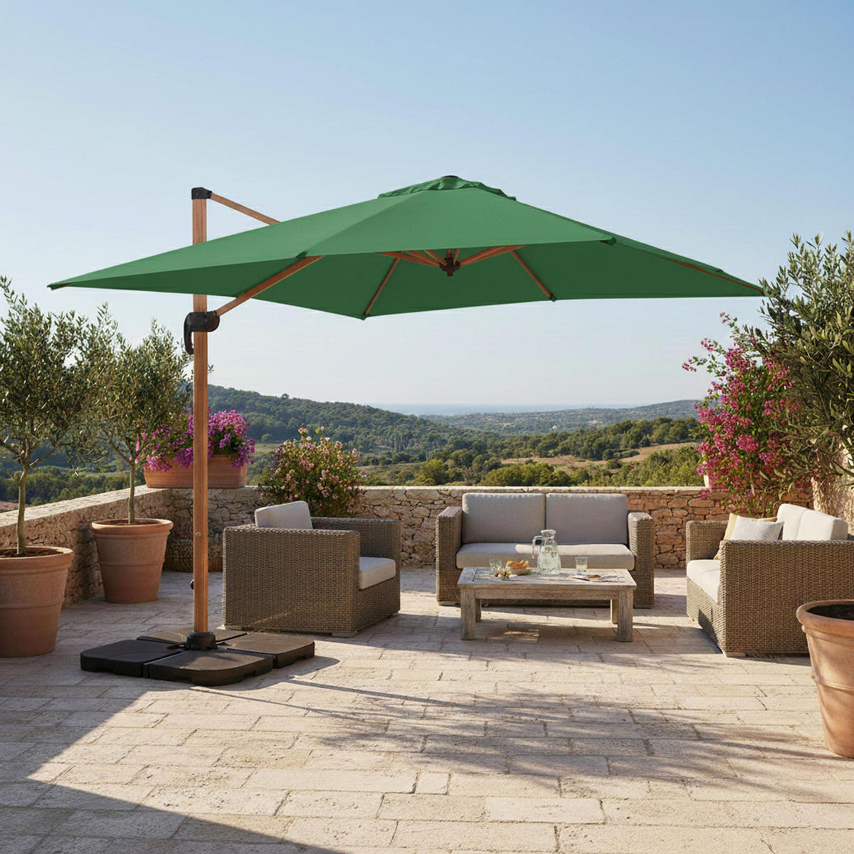 SONNENSCHIRM 3x3m mit 4 Gewichtsplatten, Grün - Grün, Metall (300/300cm) - Oviala