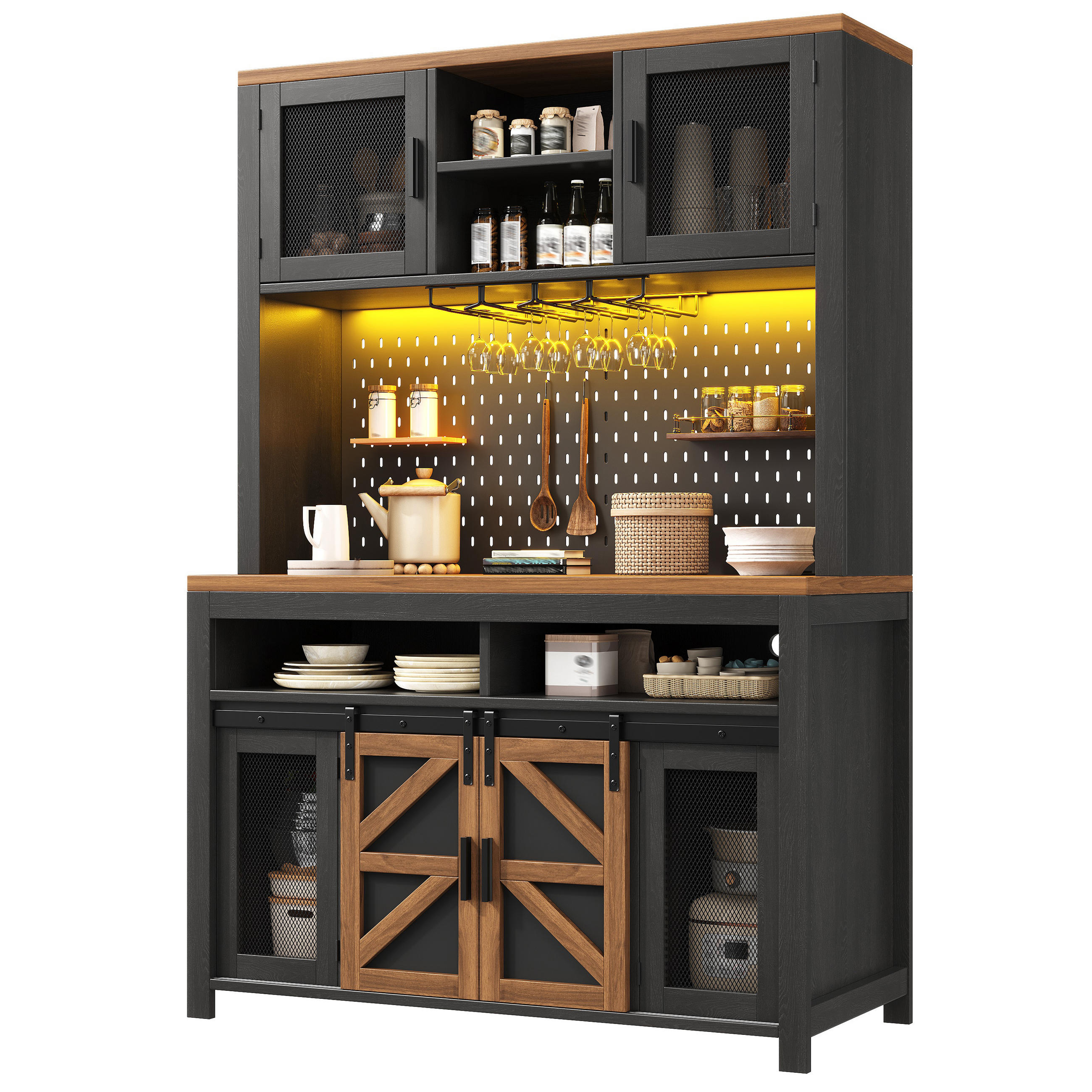 HIGHBOARD in Schwarz Mehrzweckschrank mit USB-Anschluss und LED B120/T40/H174.5cm, für Küche Esszimmer - Schwarz, Holzwerkstoff (120/174.5/40cm) - STILVORA