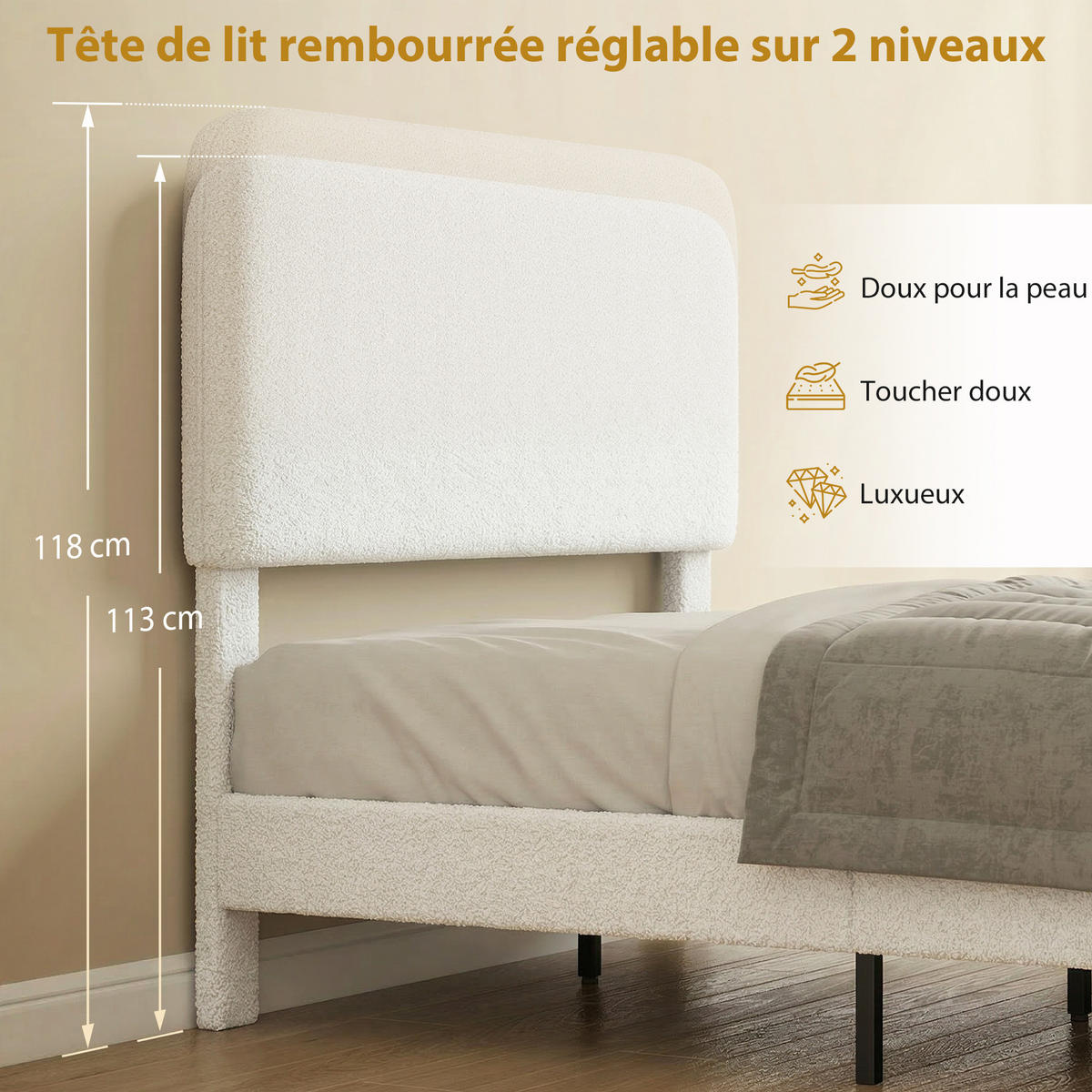 BETT 140x190 cm DE-14666 mit verstellbarem Kopfteil & Teddyvelours Weiß - Weiß, Metall (140/190cm) - ComfortXL