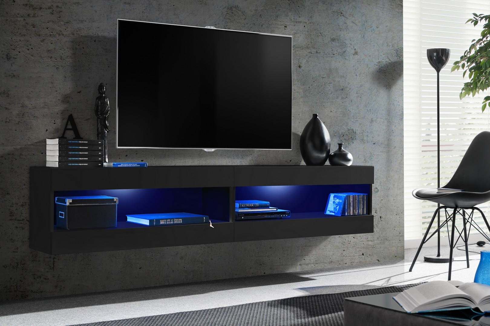 WOHNWAND TIVOLI SET4-BLACK/BLACK+BLU Offener Raum Schwarz Schwarz - Schwarz, Holzwerkstoff/Kunststoff (200/41/35cm) - Komodee