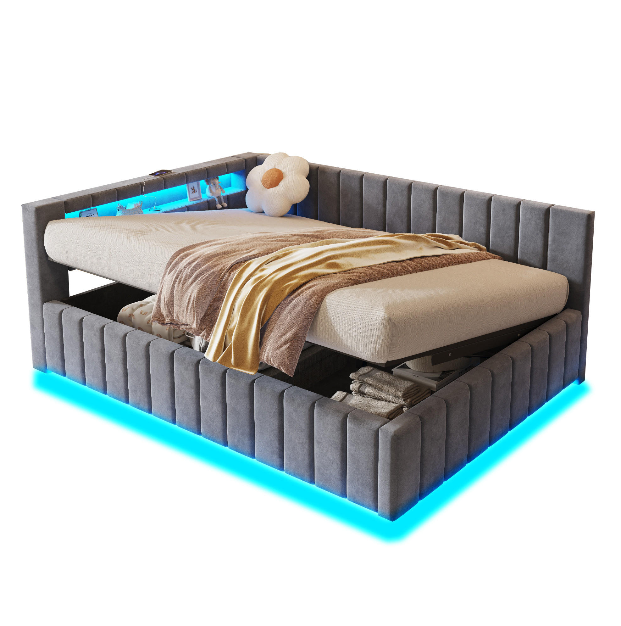 POLSTERBETT 140/200 cm aus Samt mit LED und USB, Grau - Grau, Textil (140/200cm) - OKMYHOME
