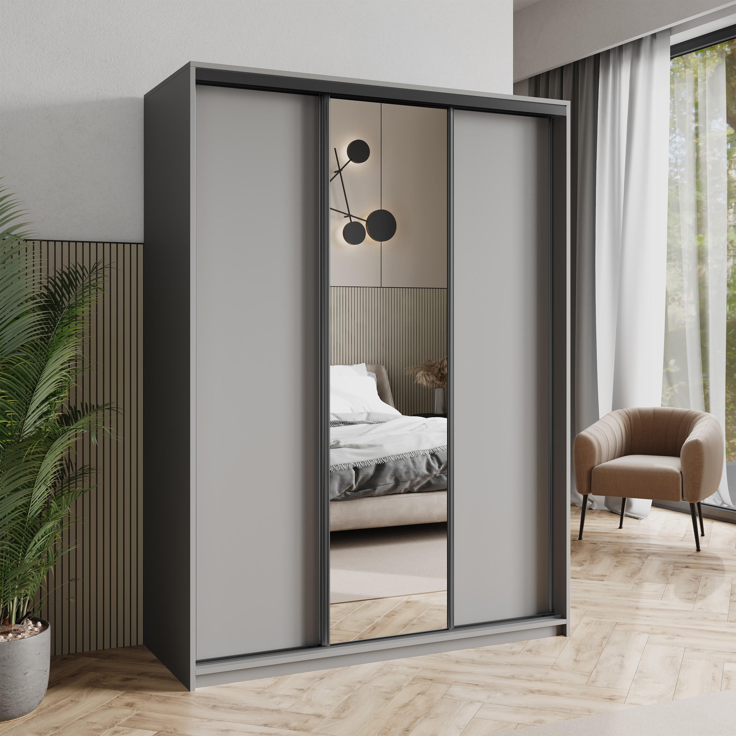 SCHWEBETÜRENSCHRANK TAVI 150/205/60 cm 3-türig mit Spiegel Graphitfarben - Graphitfarben, Holzwerkstoff (150/205/60cm) - MASSENO