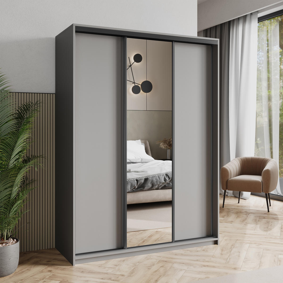 SCHWEBETÜRENSCHRANK TAVI 150/205/60 cm 3-türig mit Spiegel Graphitfarben - Graphitfarben, Holzwerkstoff (150/205/60cm) - MASSENO