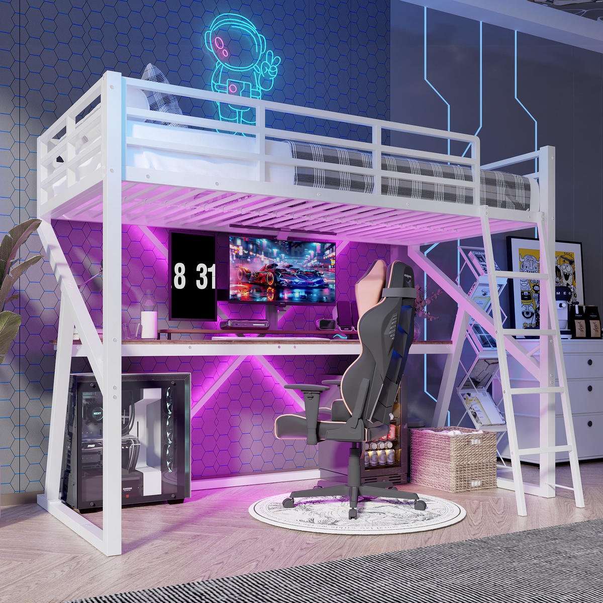 HOCHBETT 90x200cm Weiß Metall LED-Leiste Geländer Schreibtisch - Weiß, Metall (90/200cm) - FLIEKS