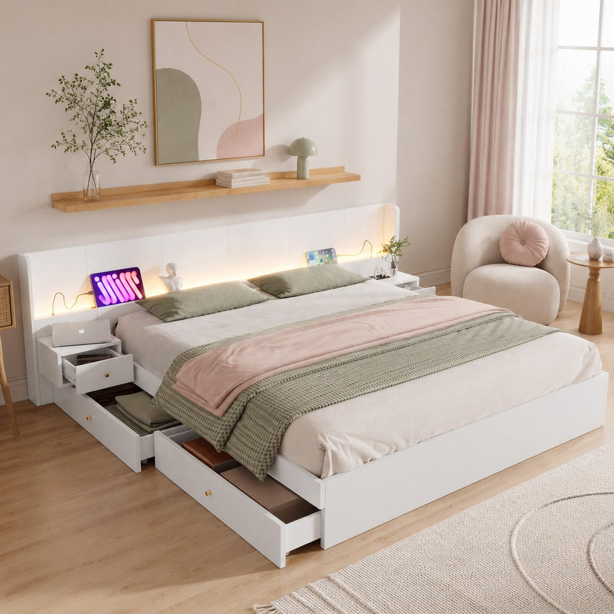 JUGENDBETT 180/200 mit LED, USB, Steckdose und 2 Nachttischen in Weiß - Weiß, Holzwerkstoff (180/200cm) - EVRYAE