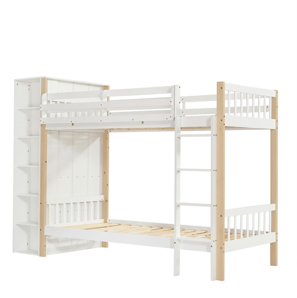 ETAGENBETT 90/200 cm mit Kleiderschrank, Regalen, 4-stufiger Leiter und Fallschutz aus Kieferholz & MDF, Weiß/Natur - Weiß, Holzwerkstoff (90/200cm) - Redom