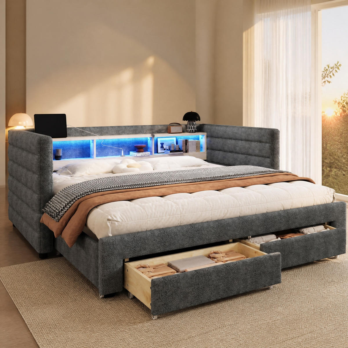 POLSTERBETT 90/190 mit LED, USB, Typ-C und 2 Schubladen in Grau - Grau, Holzwerkstoff/Textil (90/190cm) - EVRYAE