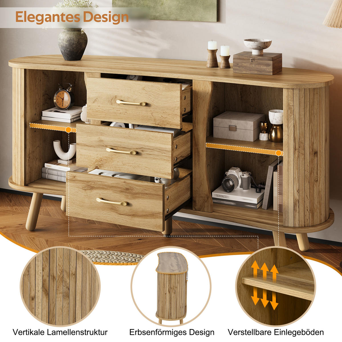 SIDEBOARD Skandi Holzoptik Schiebetüren Schubladen MDF - Honigeiche, Holzwerkstoff (36.5/75/150cm) - FLIEKS