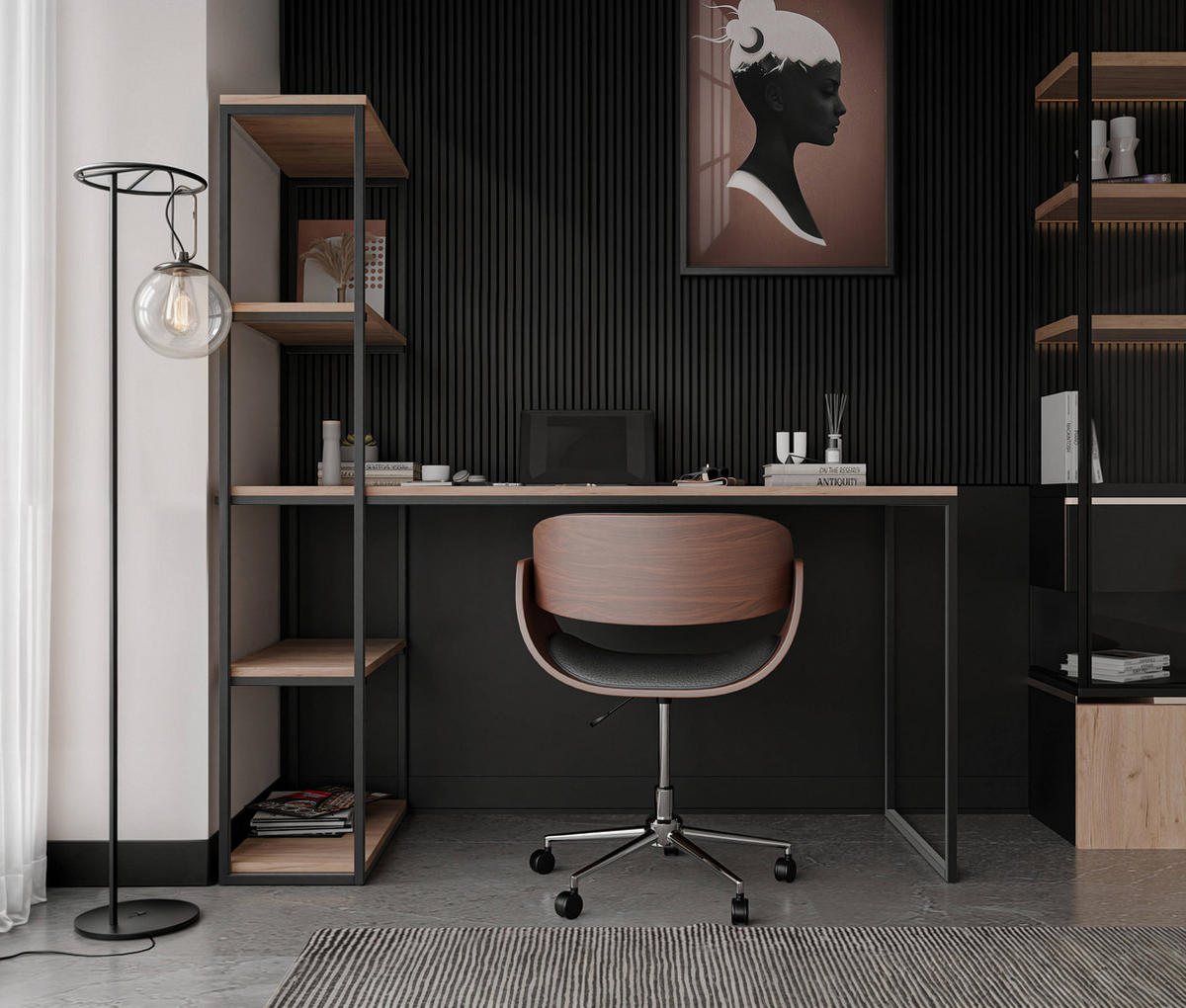 SCHREIBTISCH mit Seitenregal Eiche Kraft Gold - Eiche Wotan/Schwarz, Holzwerkstoff (152/60/160cm) - Idohome