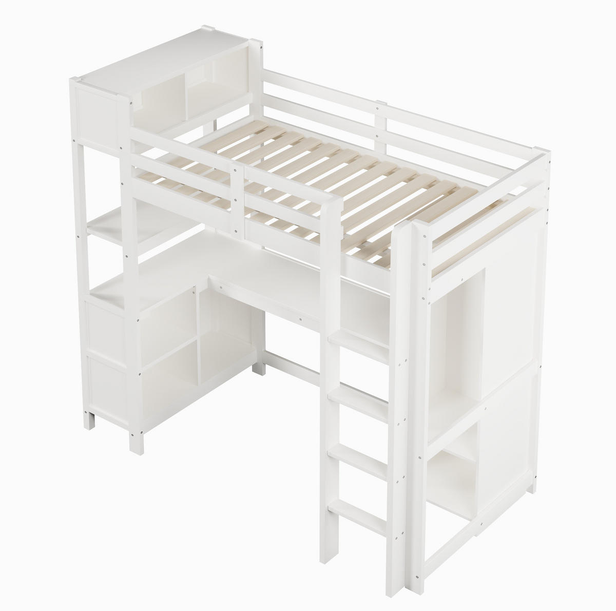 HOCHBETT 90/200 cm Weiß mit Schreibtisch, Regalen und Kleiderschrank - Weiß, Holz (90/200cm) - MIVRAY