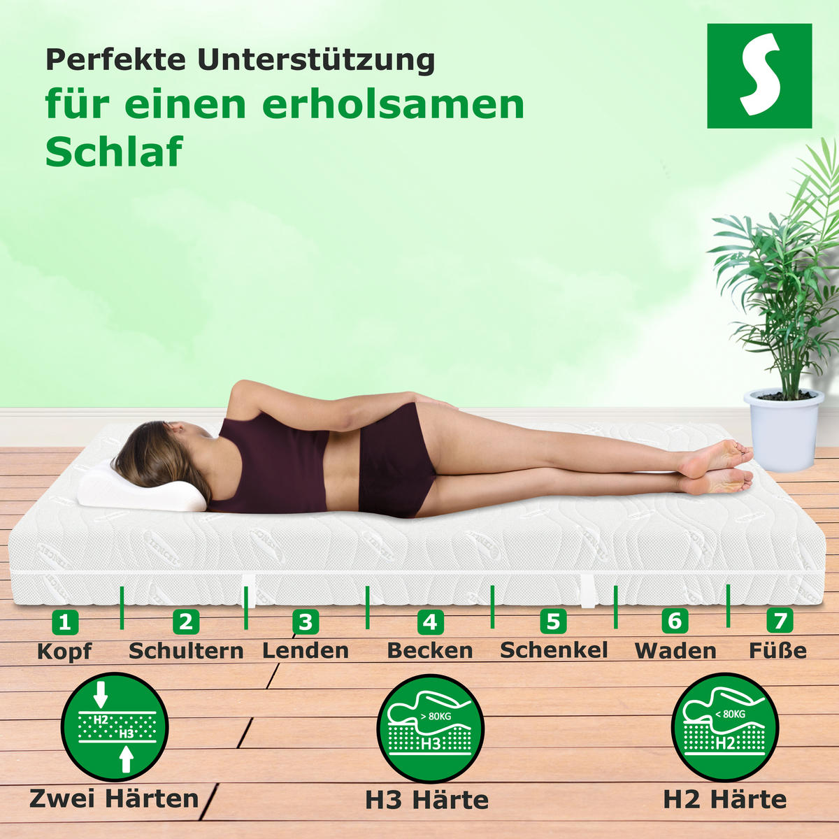 KALTSCHAUMMATRATZE 90x200 H2/H3 H2/H3 deLuxe 7 Zonen , Hybrid DUO - Weiß, Textil (90/200cm) - Schlaftroll