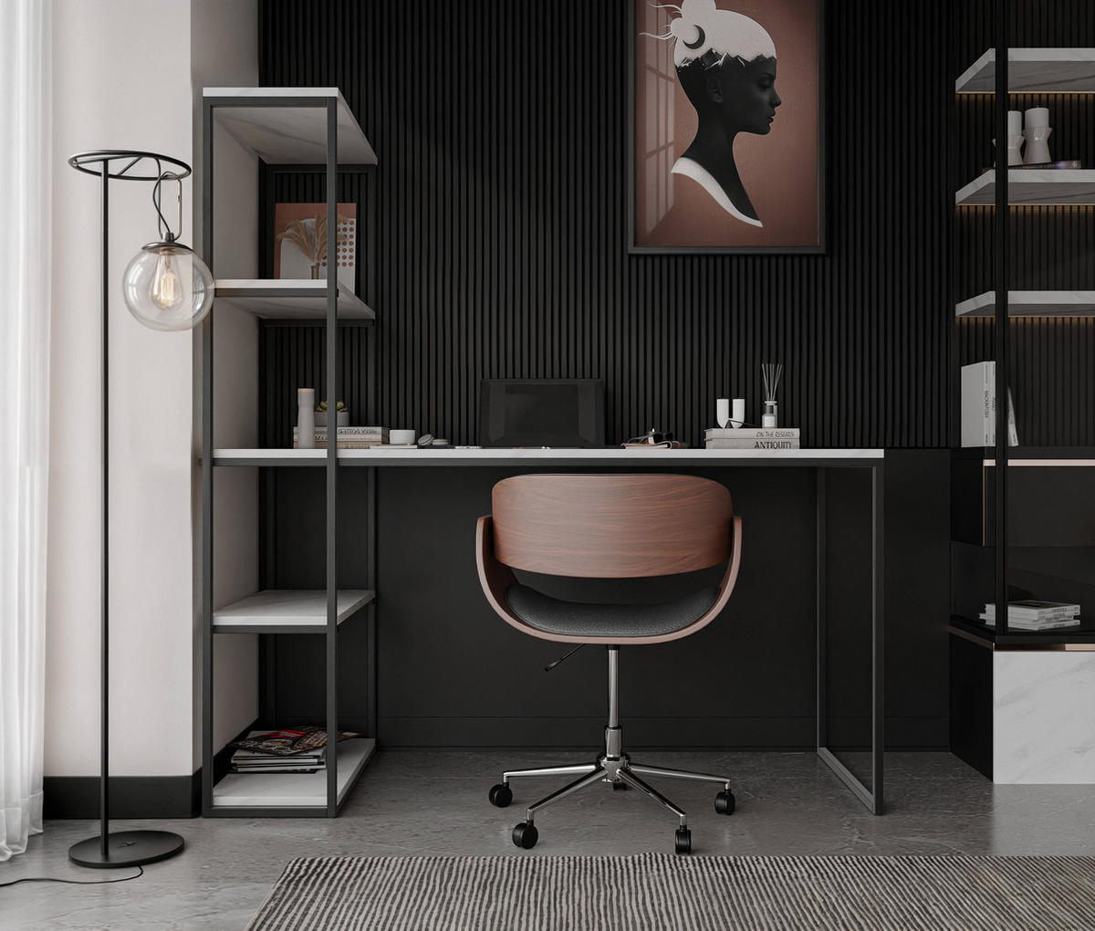 SCHREIBTISCH LUMO mit regal, 152/60/160 cm Marmor Bianco/Schwarz - Weiß Hochglanz/Schwarz, Holzwerkstoff (152/60/160cm) - Idohome