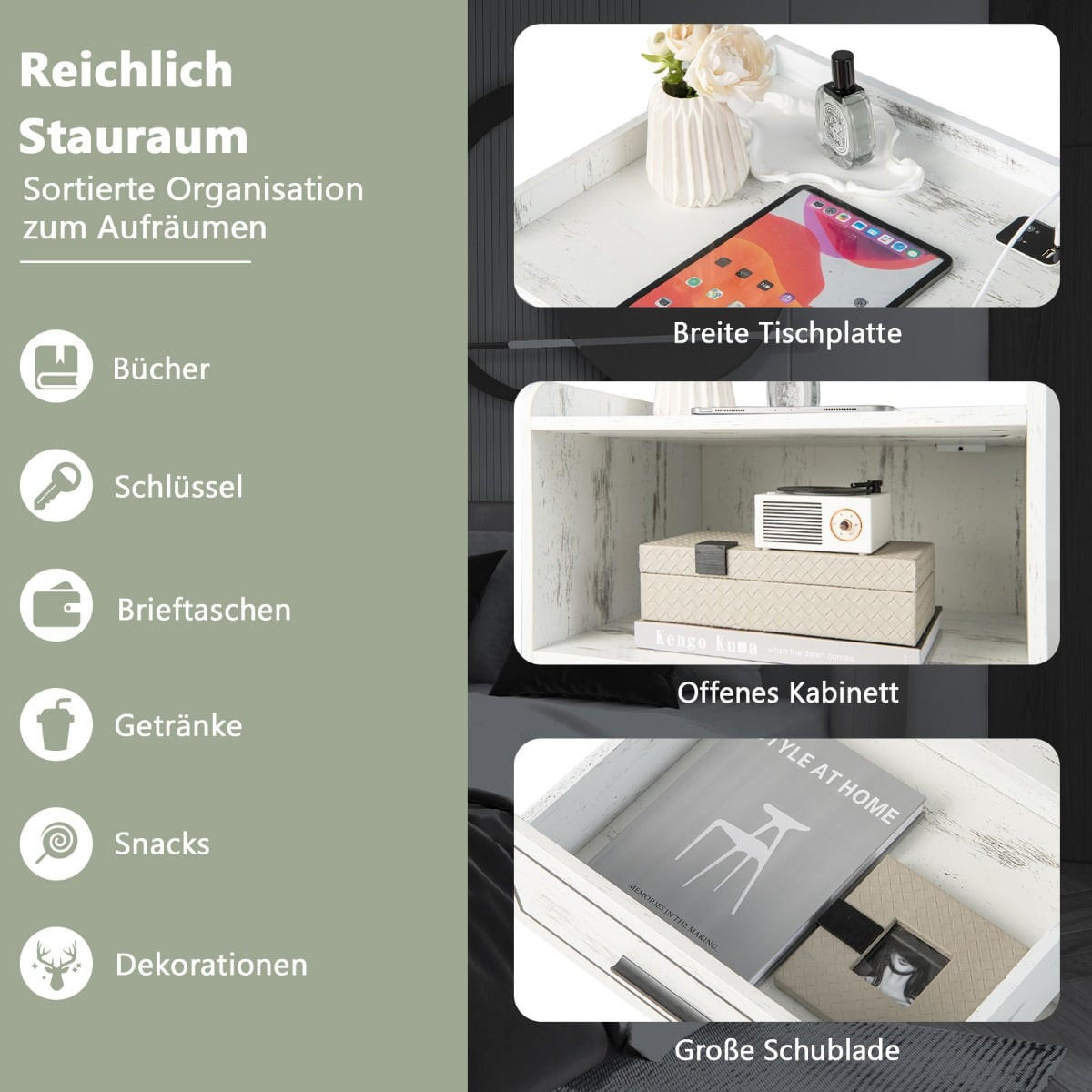 NACHTTISCH 2er Set mit LED, Bewegungssensor, USB- und Typ-C-Ladestation, MDF, Weiß - Weiß, Holzwerkstoff (45/50/40cm) - DESIGN IN