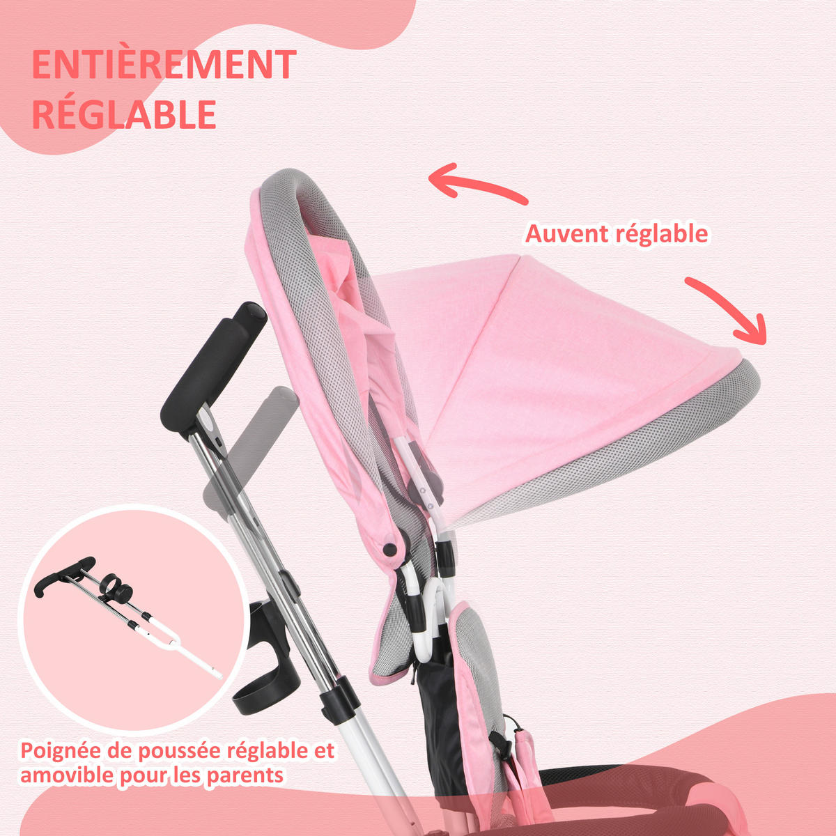 DREIRAD DE-18940 6-in-1 mit Sonnenschutz, klappbar Rosa - Pink, Metall (95/50/106cm) - ComfortXL
