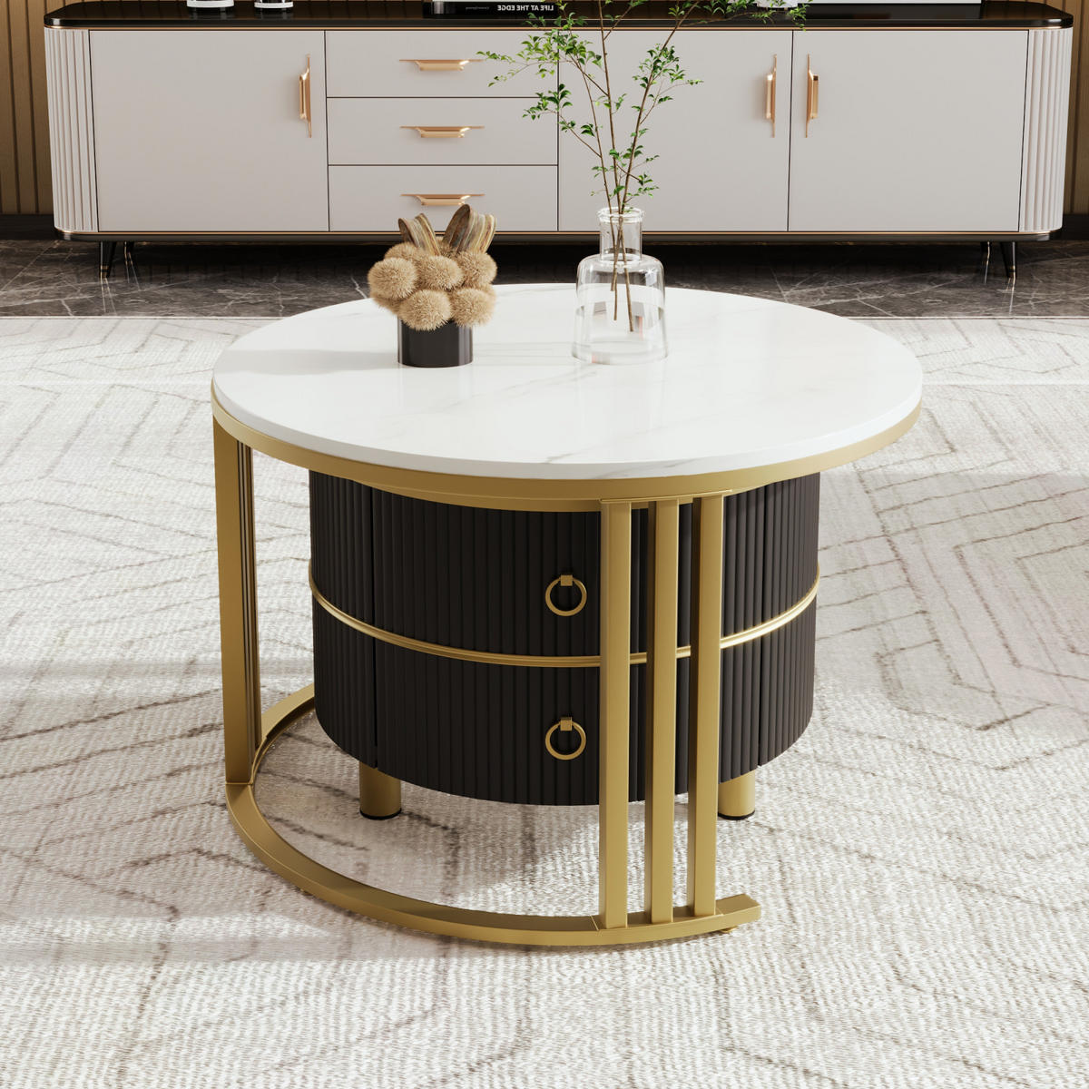 COUCHTISCH-SET Schwarz mit Marmorfurnier und 2 Schubladen - Schwarz, Metall (70/70/46cm)