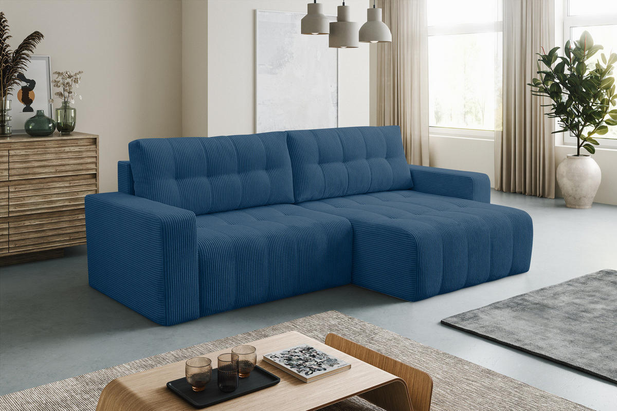 ECKSOFA Palermo mit Schlaffunktion und Bettkasten in Cordstoff - Blau, Holz/Holzwerkstoff (245/143cm) - Ravio