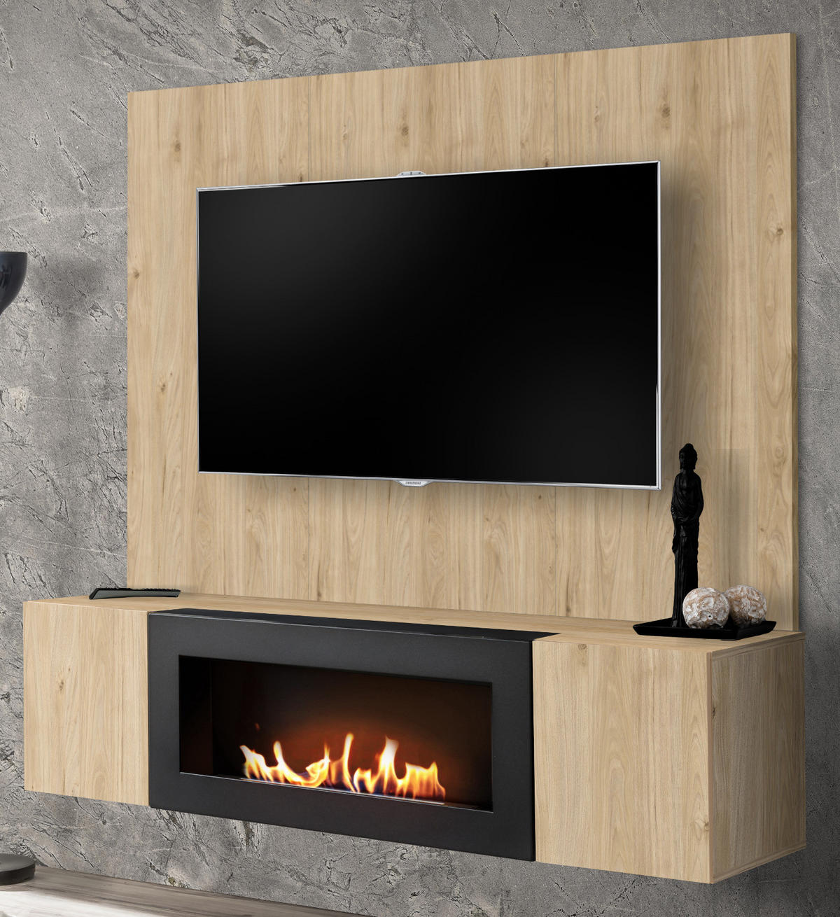 TV-LOWBOARD Eiche Jackson 160 cm hängend, Set inklusive Ethanol Kamin und Wandpaneel - Eichefarben, Holzwerkstoff (160/158/40cm) - Inn.Furn