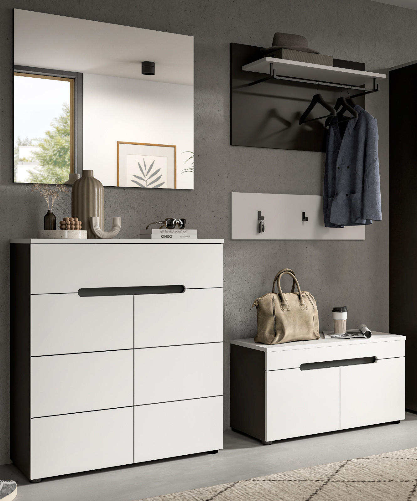 Thumbnail - Inn.Furn Garderoben-Set, Grau, Weiß, Holzwerkstoff, Glas, Metall, Nachbildung, Uni, 3 Fächer, 1 Schubladen, 175x190x37 c...