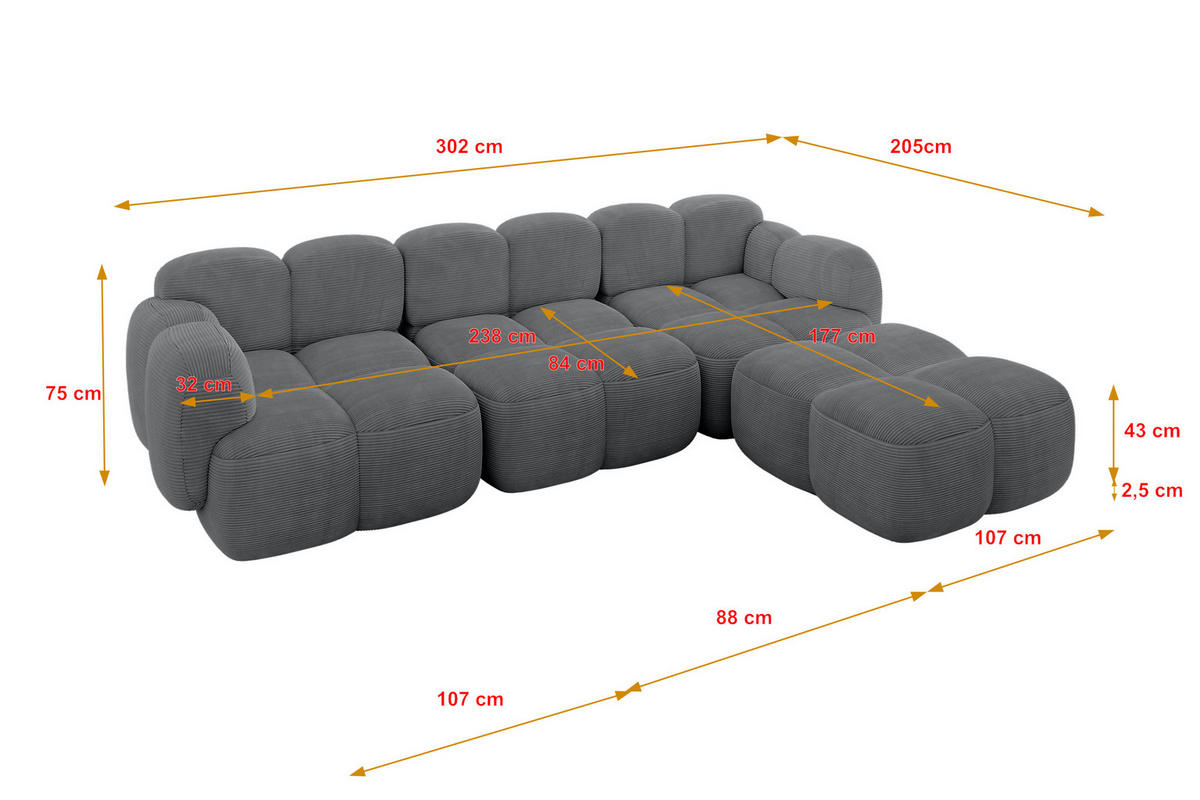 ECKSOFA modulares Sofa Rechts Miko-L2 302x205x75 Dunkelgrau Cord - Graphitfarben/Schwarz, Holzwerkstoff/Kunststoff (302/205cm) - ALTDECOR