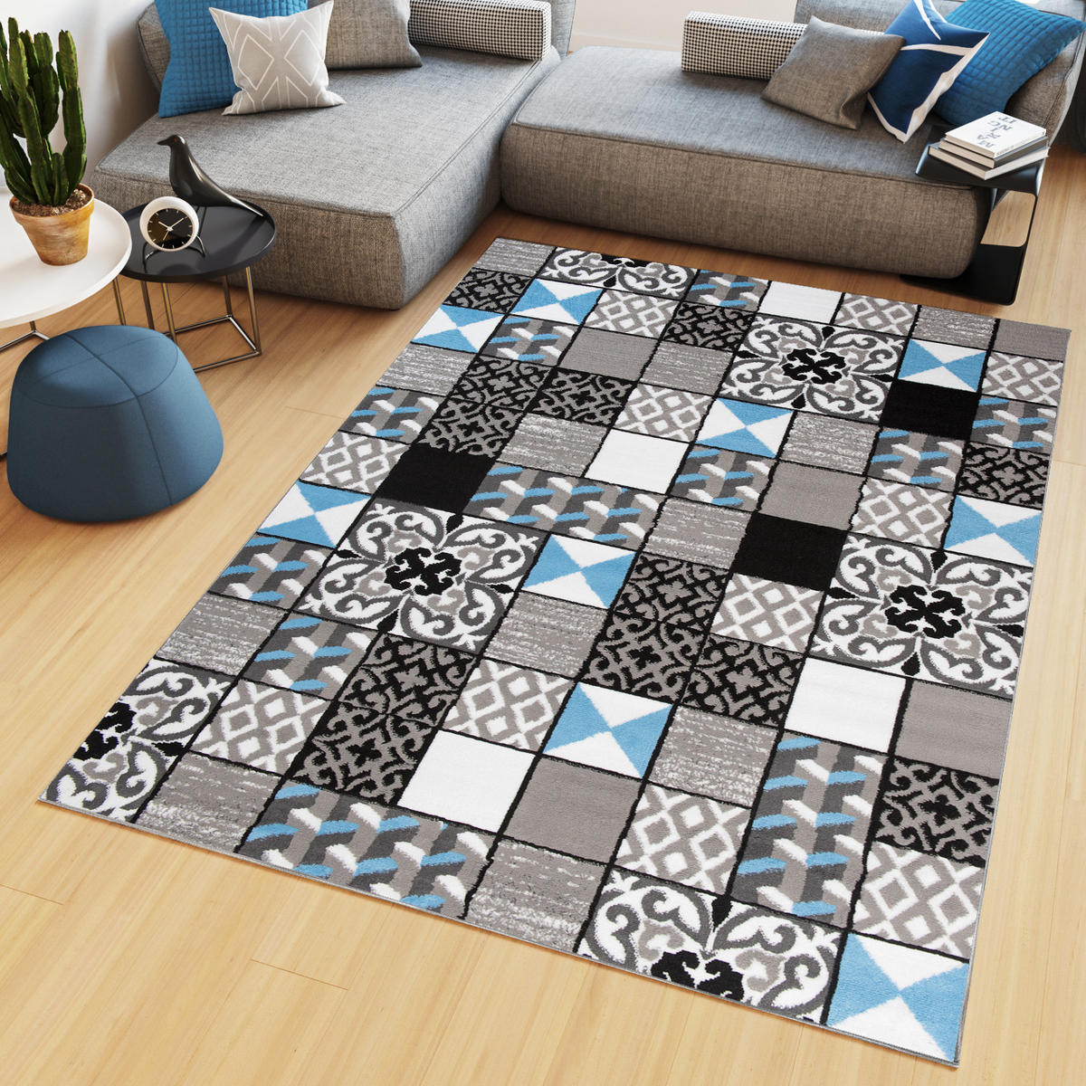 TEPPICH MAYA Blau Mosaik Karo Floral 120/170 cm - Blau, Textil (120/170cm) - Tapiso