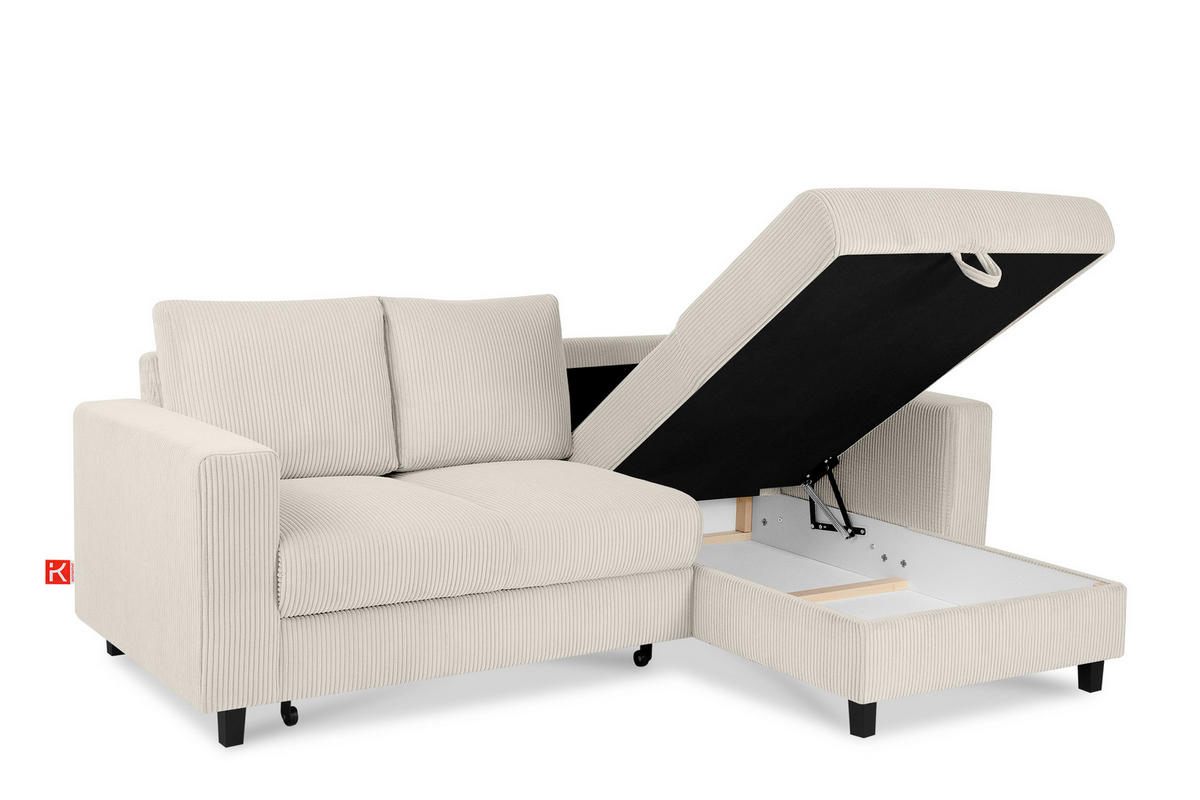 ECKSCHLAFSOFA EGRET Rechts mit Bettkasten, Cord-Stoff, cremefarben - Creme, Textil (234/90cm) - KONSIMO®