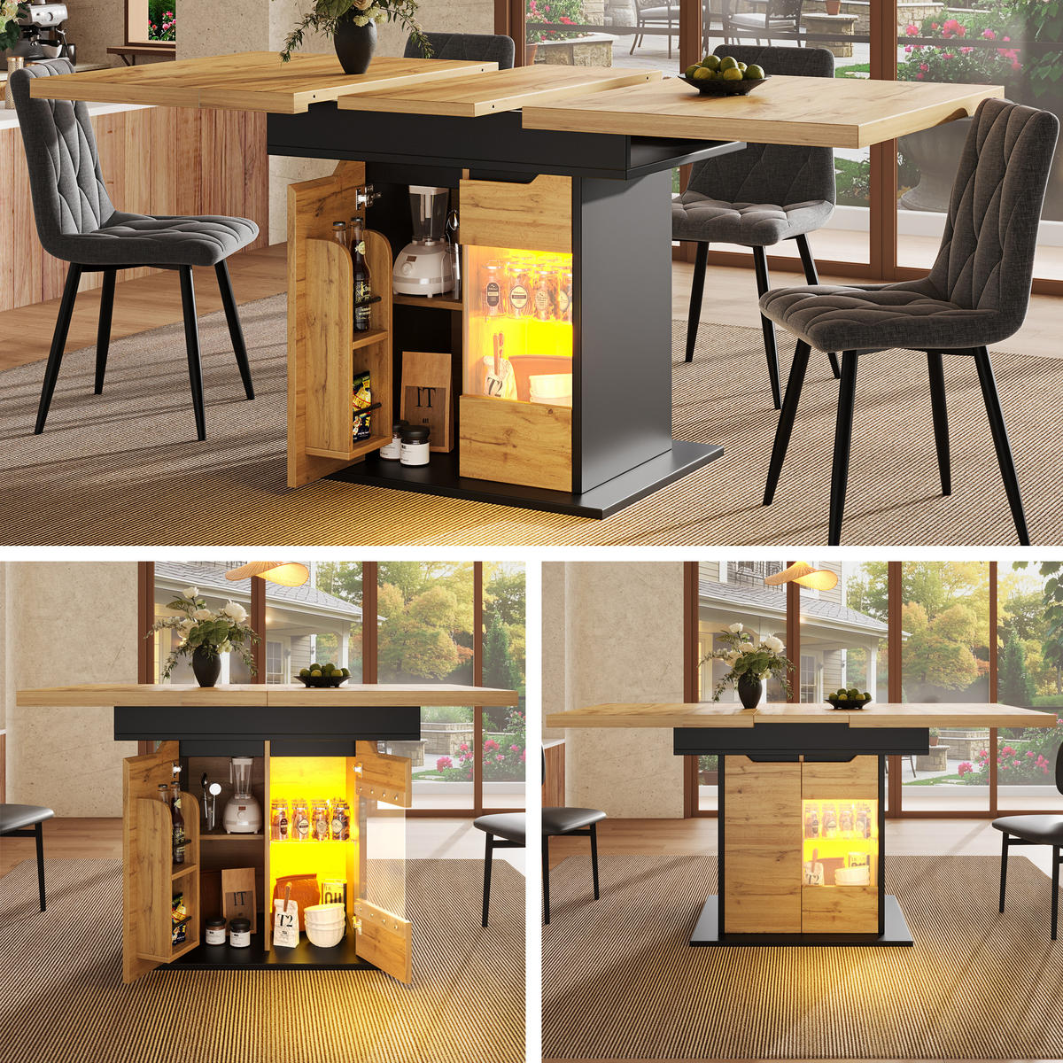 ESSTISCH in Naturfarben und Schwarz mit LED-Beleuchtung und Schranktüren für Küche, B110-140/T80/H76 cm - Schwarz/Naturfarben, Glas/Holzwerkstoff (80/140/76cm) - STILVORA