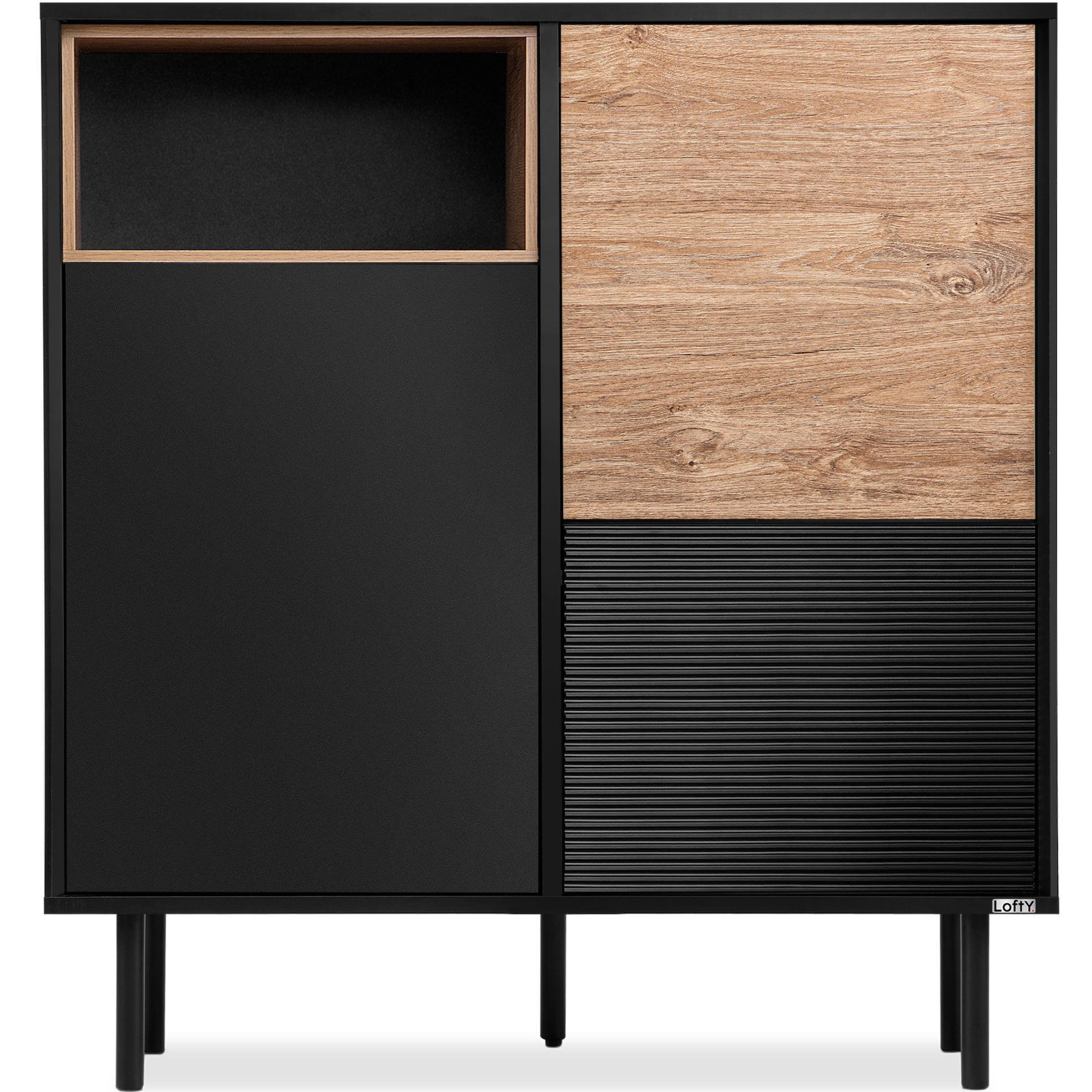 KOMMODE LOFTY Außenseiteneinlage, schwarz / Eiche natur - Eichefarben/Multicolor, Holzwerkstoff (102/109/41cm) - KONSIMO®