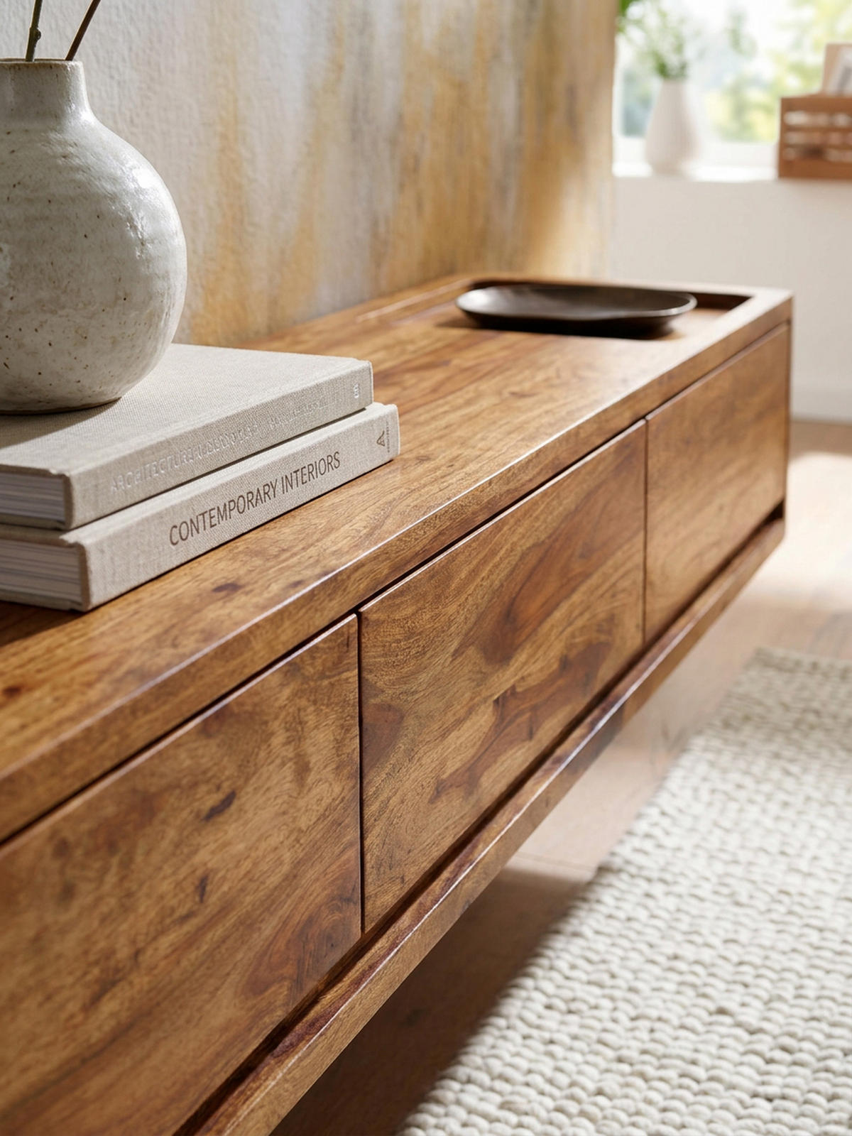 LOWBOARD Massivholz Modern Stil Hängend für 65-Zoll Fernseher mit 3 Schubladen - Braun, Holz (160/25/35cm) - KADIMA DESIGN