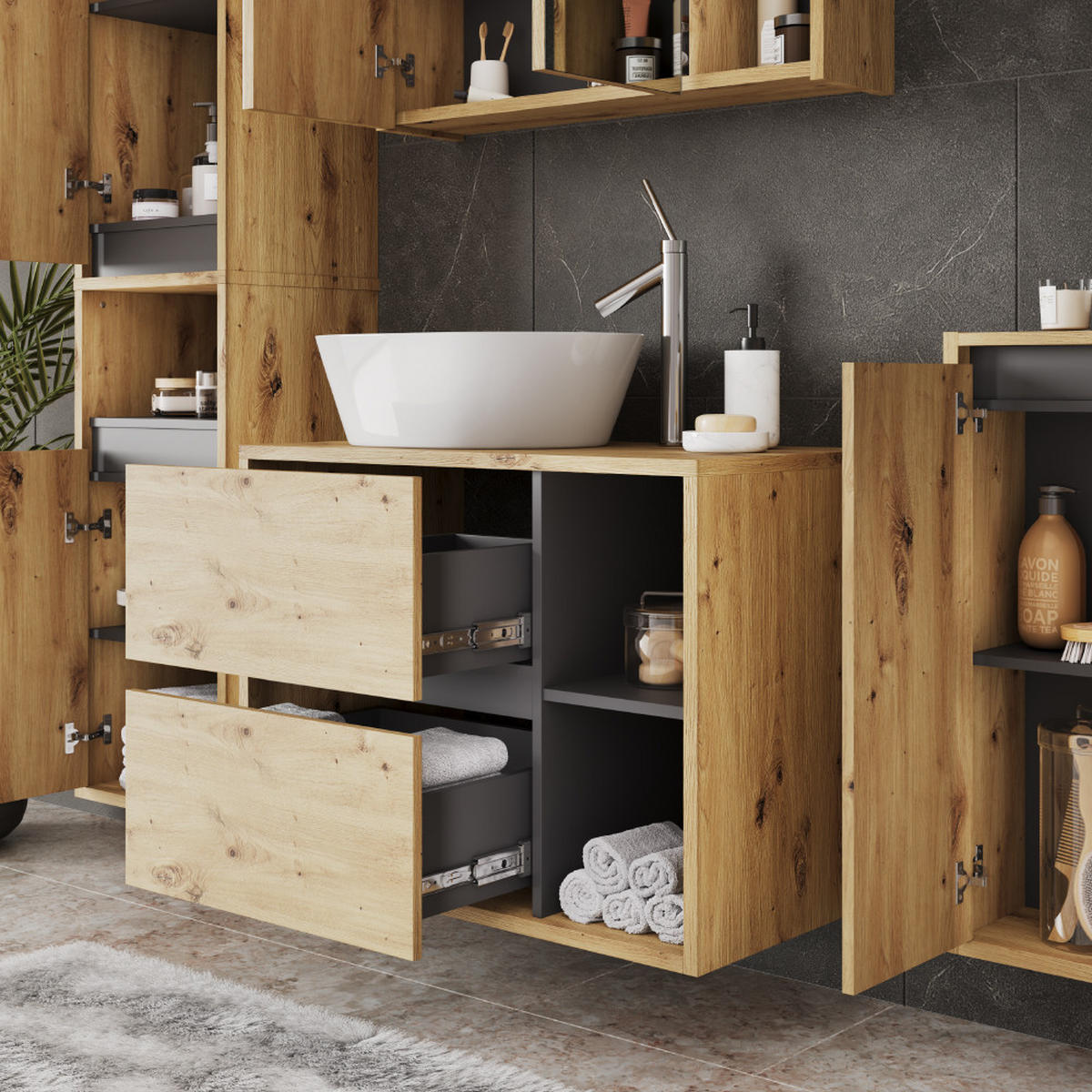 WASCHBECKENUNTERSCHRANK Viola Artisan/Grau 80 x 60 cm mit 2 Schubladen - Hellgrau/Grau, Holzwerkstoff (80/60/46cm) - Vicco